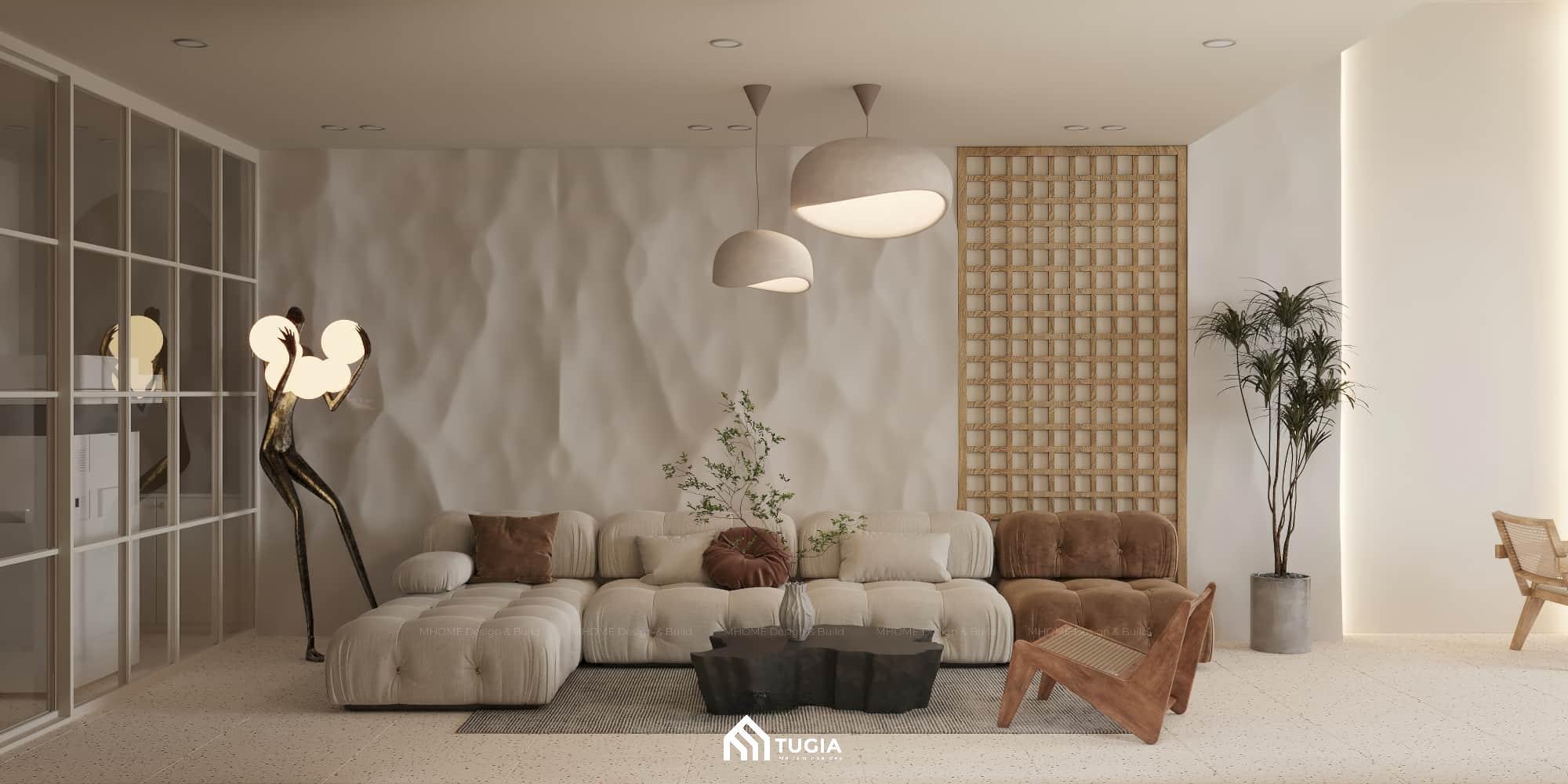 Bộ sofa êm ái, bàn trà gỗ độc đáo cùng hệ thống đèn chiếu sáng dịu nhẹ tạo nên tổng thể không gian nghệ thuật mà vẫn ấm cúng