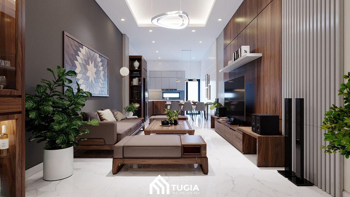 Phòng khách hiện đại với nội thất gỗ chủ đạo làm điểm nhấn cho toàn bộ không gian nhà ống 3 tầng