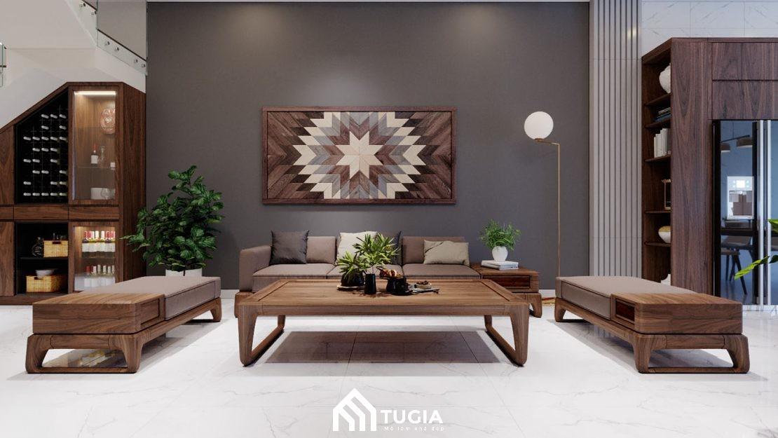 Sofa gỗ bọc da nhỏ gọn dựa sát tưởng giúp tối ưu diện tích không gian sống