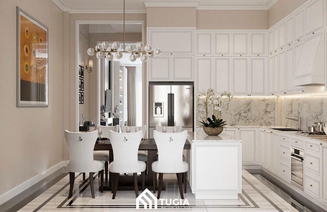 Tủ bếp cao kịch trần giúp tận dụng tối đa chiều cao nhà ống để lưu trữ đồ đạc gọn gàng