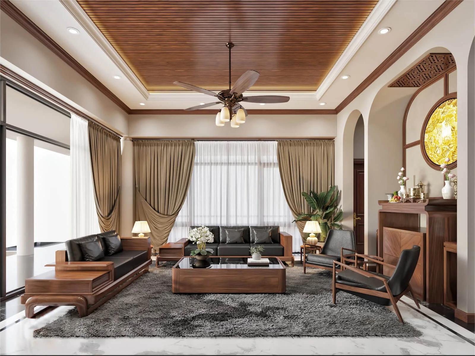 Thiết kế nội thất phòng khách bằng gỗ óc chó đẳng cấp, giá trị cao