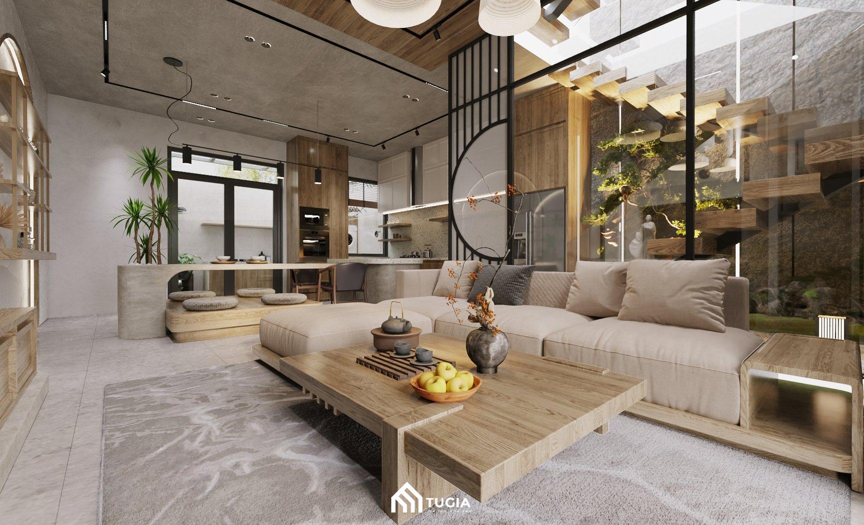 Mẫu phòng khách đẹp với đồ nội thất gỗ kết hợp vách kính hiện đại, trẻ trung