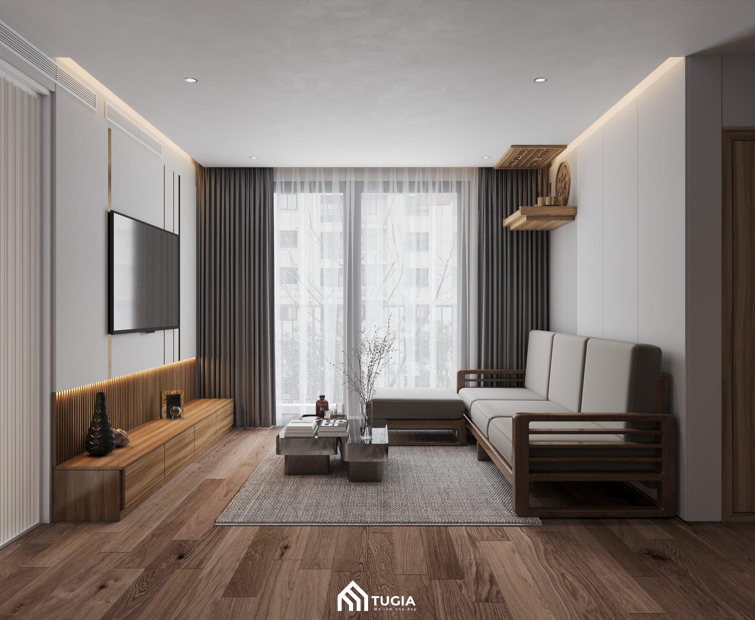 Không gian phòng khách bố trí khoa học, tối ưu diện tích với sofa chữ L nhỏ gọn, bàn trà thấp