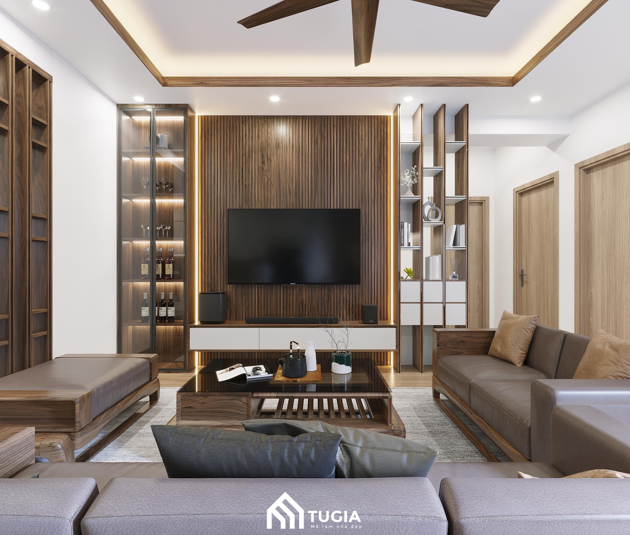 Mẫu thiết kế nội thất phòng khách chung cư 2 phòng ngủ có tủ rượu cánh kính sang trọng