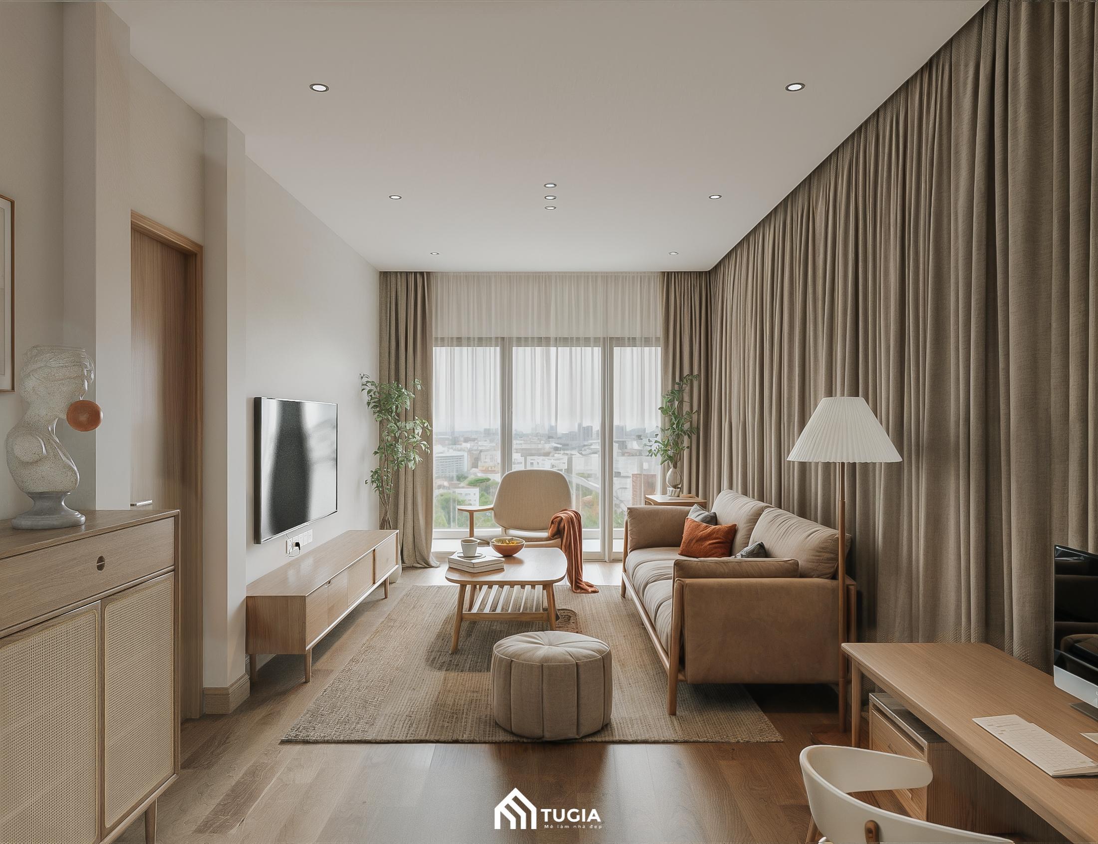 Nhẹ nhàng, bình yên với mẫu phòng khách cho chung cư 70m2 có hệ rèm cửa trải dài để điều chỉnh ánh sáng