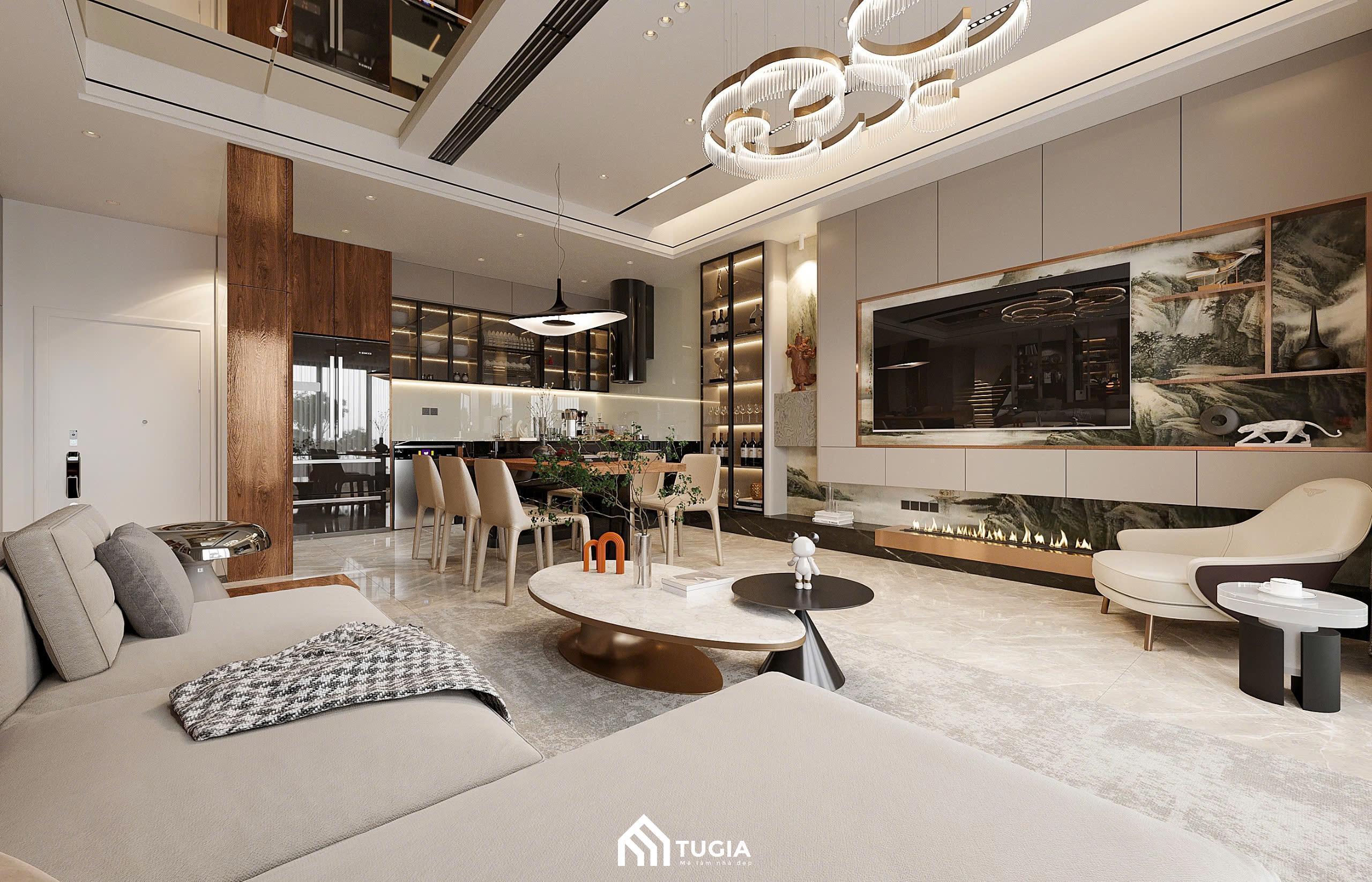 Thiết kế không gian mở từ phòng khách sang bàn ăn giúp giải phóng tầm nhìn, tạo cảm giác rộng rãi
