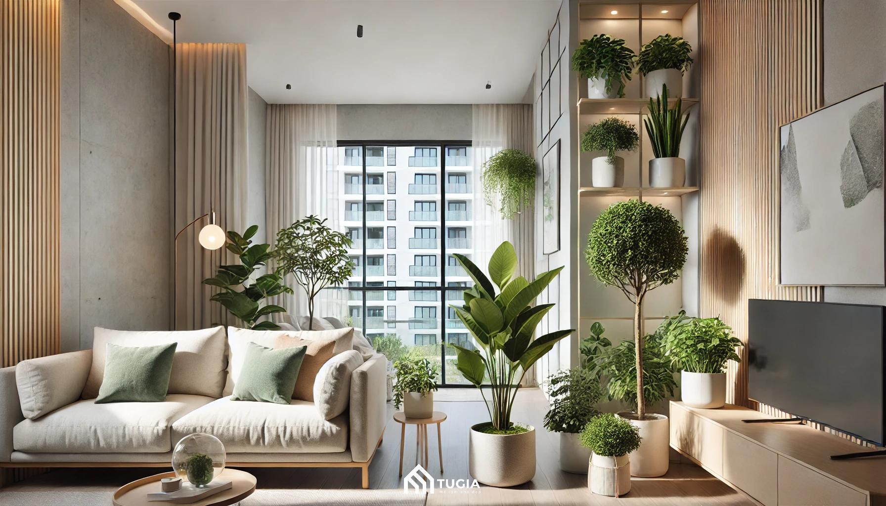 Mẫu thiết kế nội thất phòng khách đẹp hiện đại cho căn hộ chung cư với nhiều cây xanh