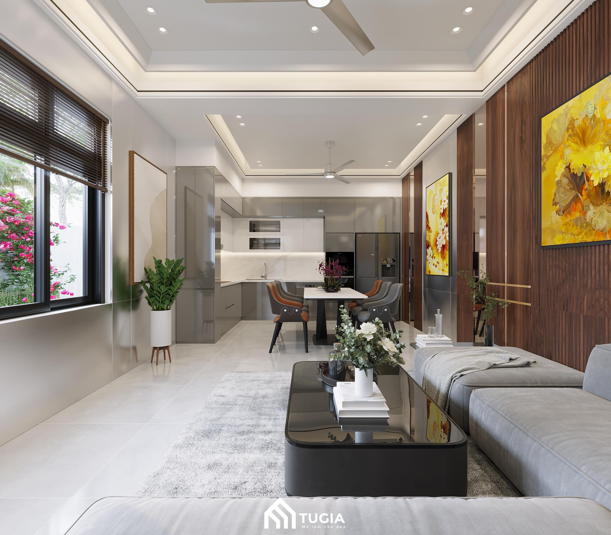 Thiết kế phòng khách nhà phố liền bếp là lựa chọn của hầu hết các gia đình