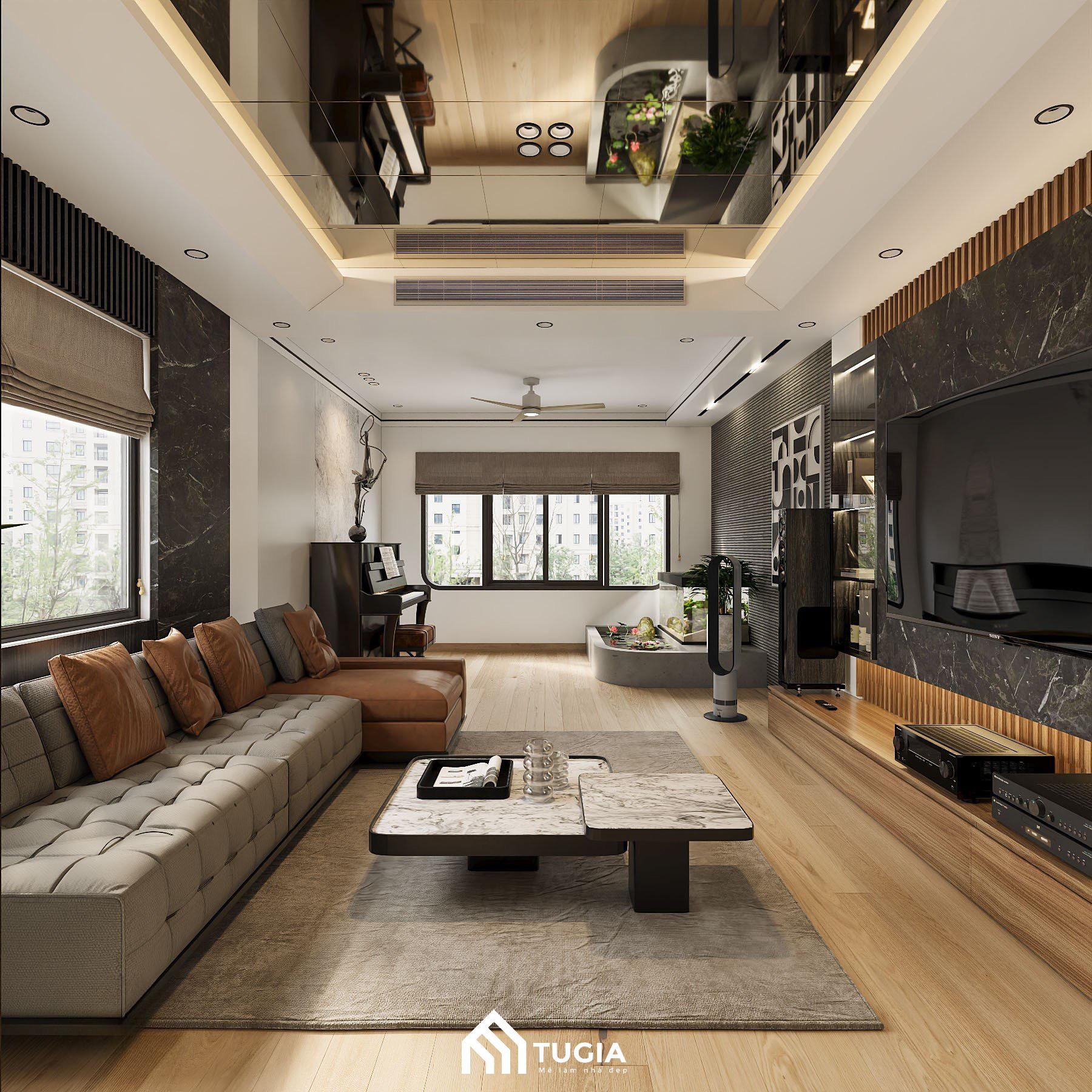 Thiết kế phòng khách diện tích nhỏ sử dụng trần gương giúp nhân đôi không gian, tạo chiều sâu độc đáo