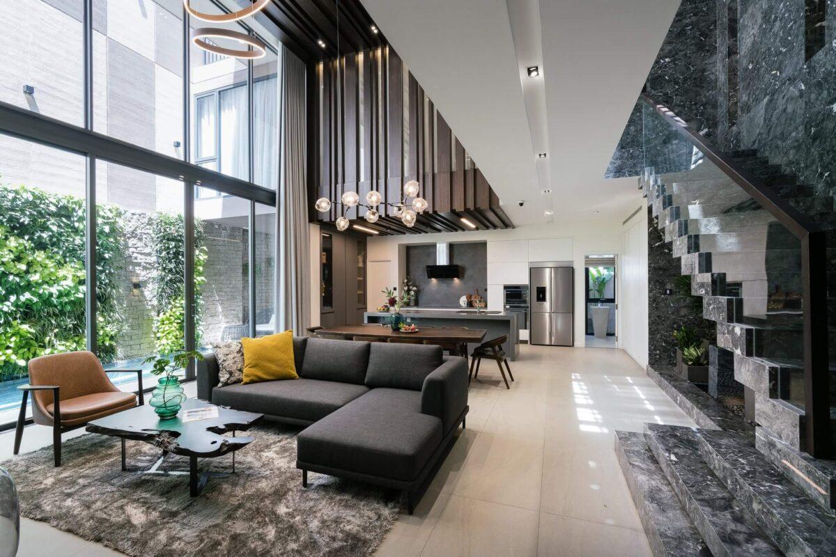 Thiết kế nội thất không gian phòng khách biệt thự liền bếp tân cổ điển