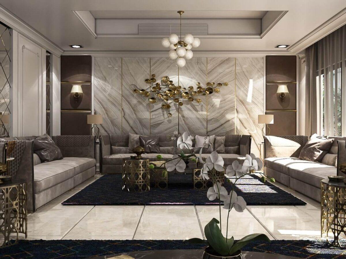 Nội thất Tứ Gia thiết kế nội thất phòng khách biệt thự đẹp theo phong cách tân cổ điển