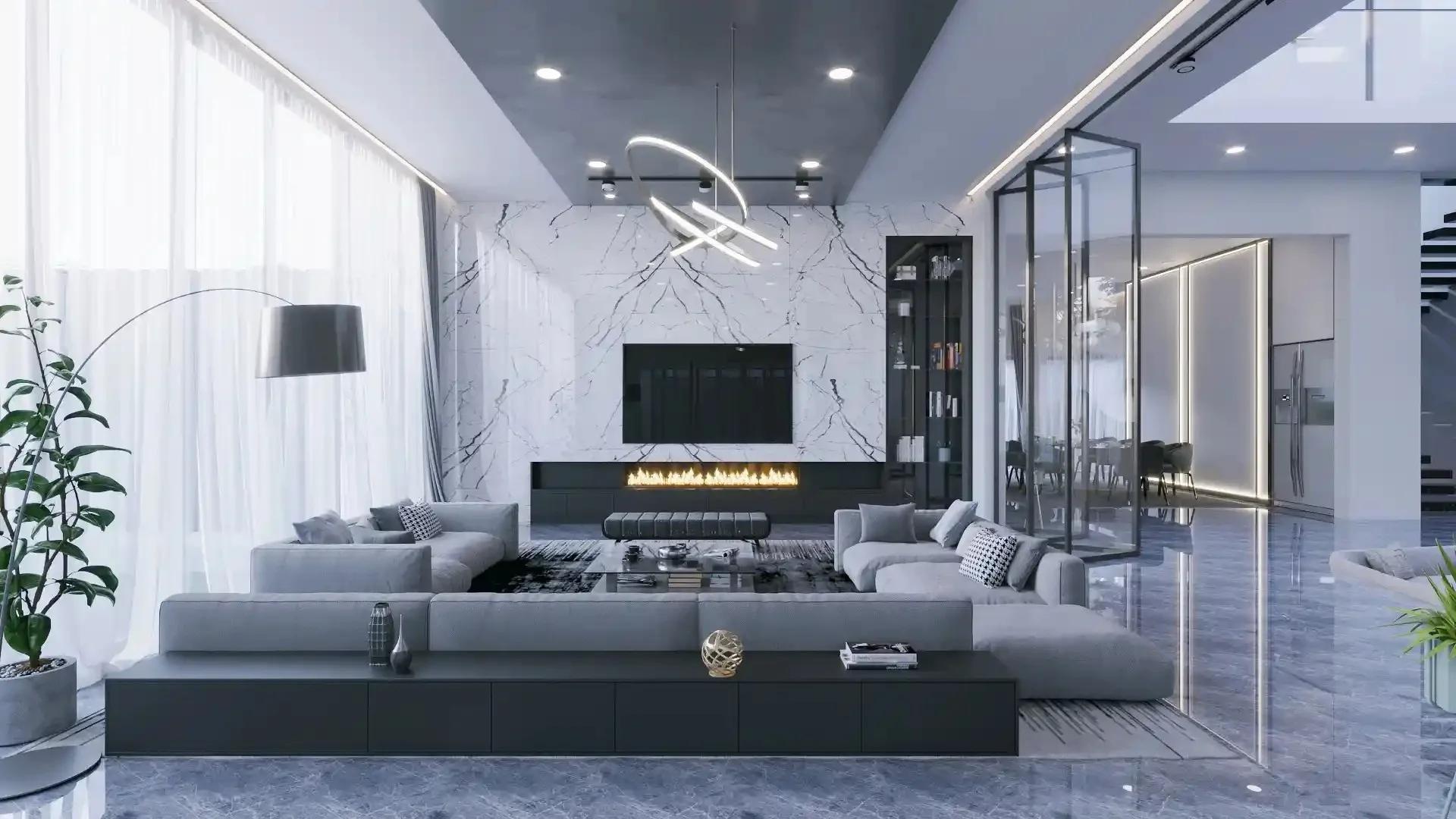 Bố trí hệ sofa chữ U tông màu xám tạo sự bề thế, to lớn cho không gian phòng khách nhà ống