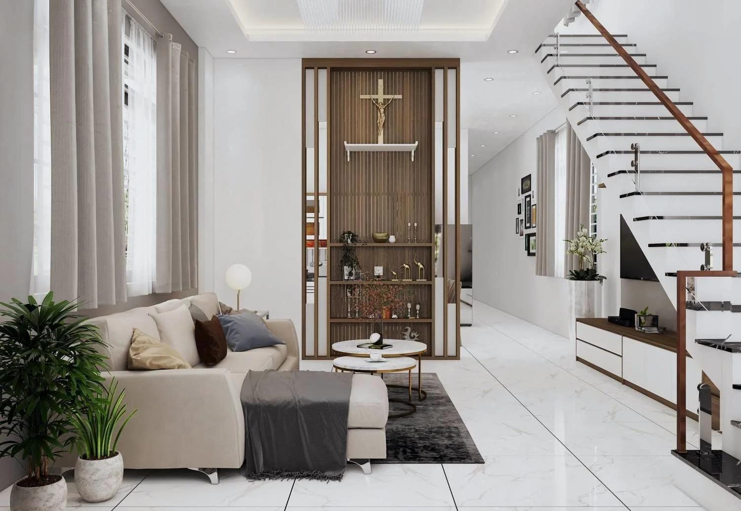 Tận dụng vách ngăn phòng khách với bàn ăn để đặt bàn thờ Chúa đơn giản, hiện đại