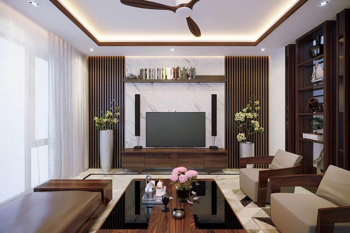 Kết hợp vật liệu gỗ và đá mang tạo cảm giác sang trọng nhưng vẫn ấm cúng, thân quen