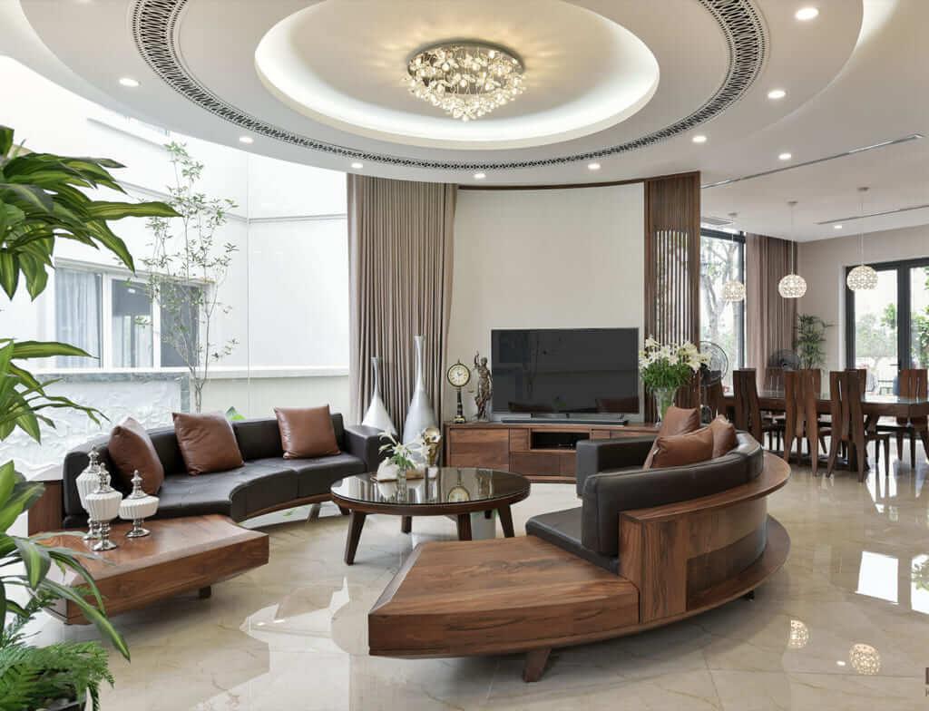 Mẫu thiết kế nội thất phòng khách biệt thự bằng gỗ óc chó có giá trị cao