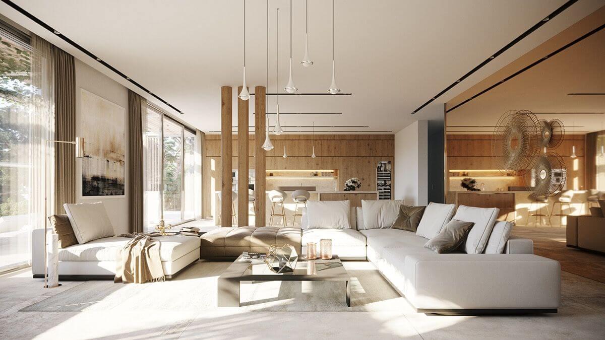Nội thất Tứ Gia thiết kế phòng khách biệt thự với sofa chữ U rộng rãi