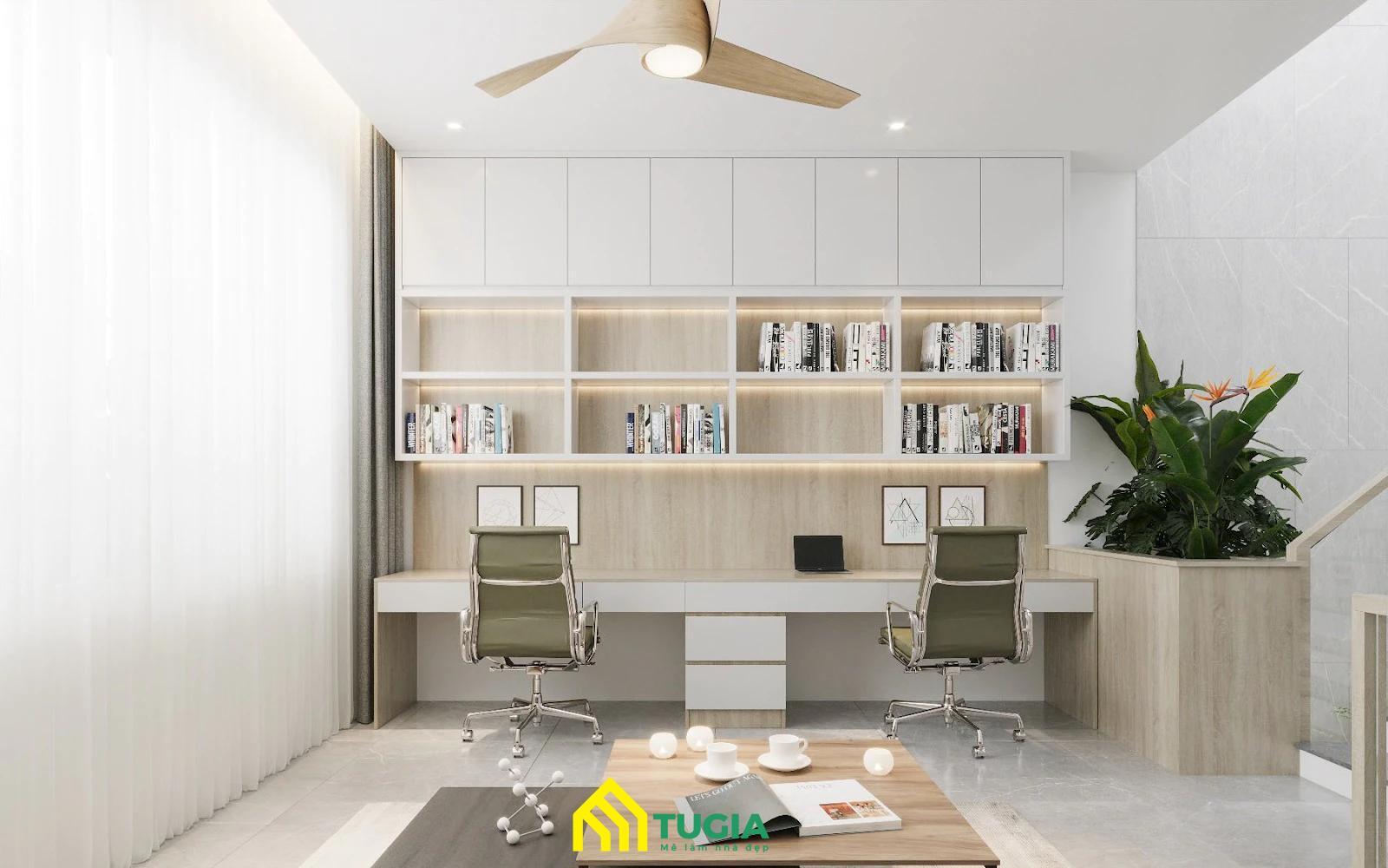 Thiết kế phòng đọc sách sử dụng kệ tủ cao, nhiều ngăn để tối ưu không gian, đảm bảo sự gọn gàng, ngăn nắp