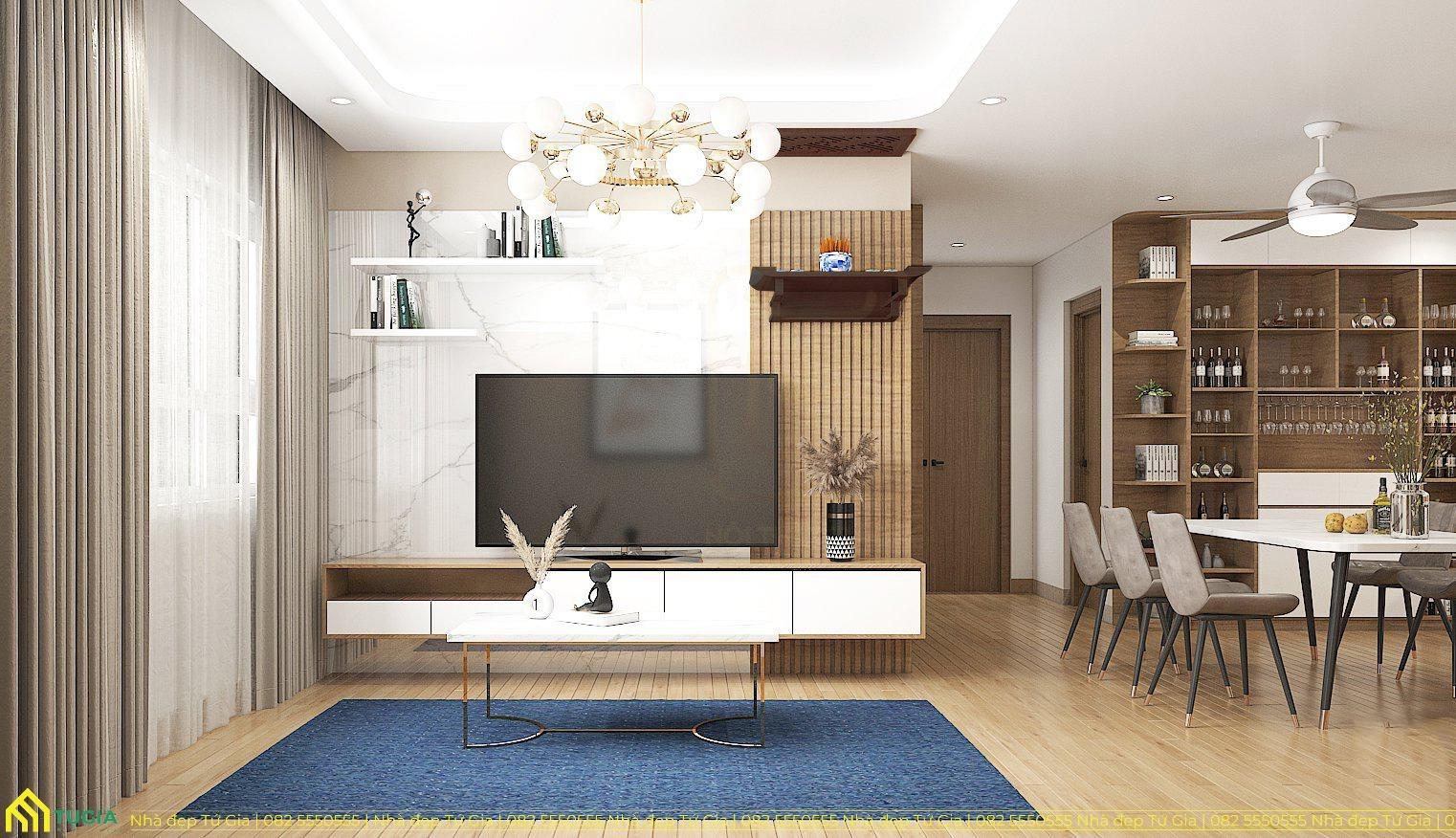 Không gian phòng khách hiện đại bố trí liền kề với khu vực bàn ăn