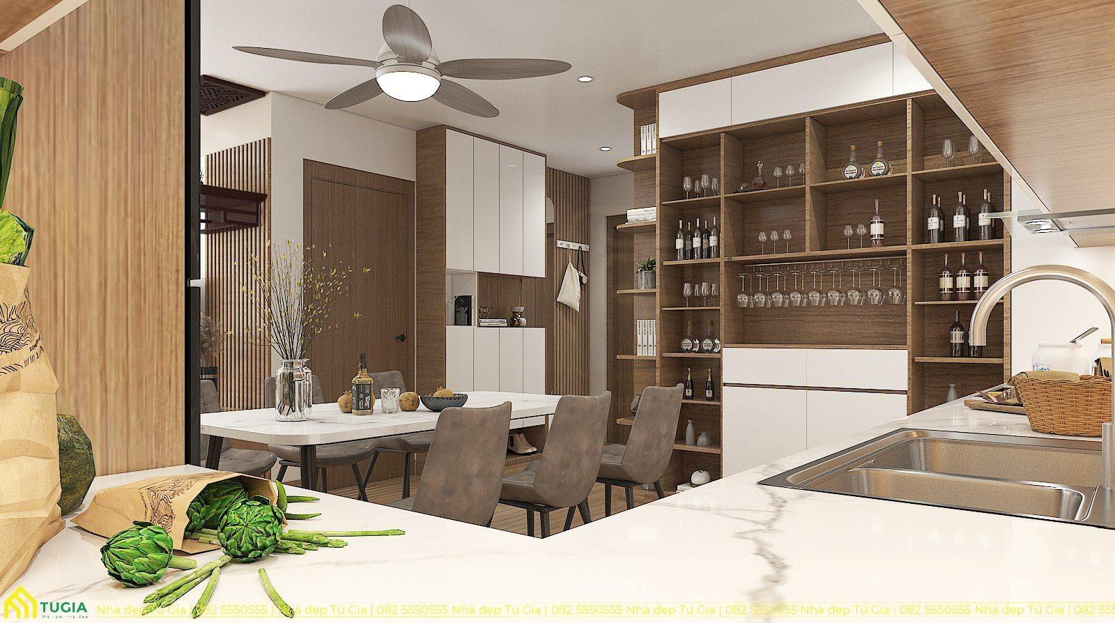 Thiết kế khu vực bàn ăn có tủ rượu bằng gỗ công nghiệp đơn giản mà đẹp