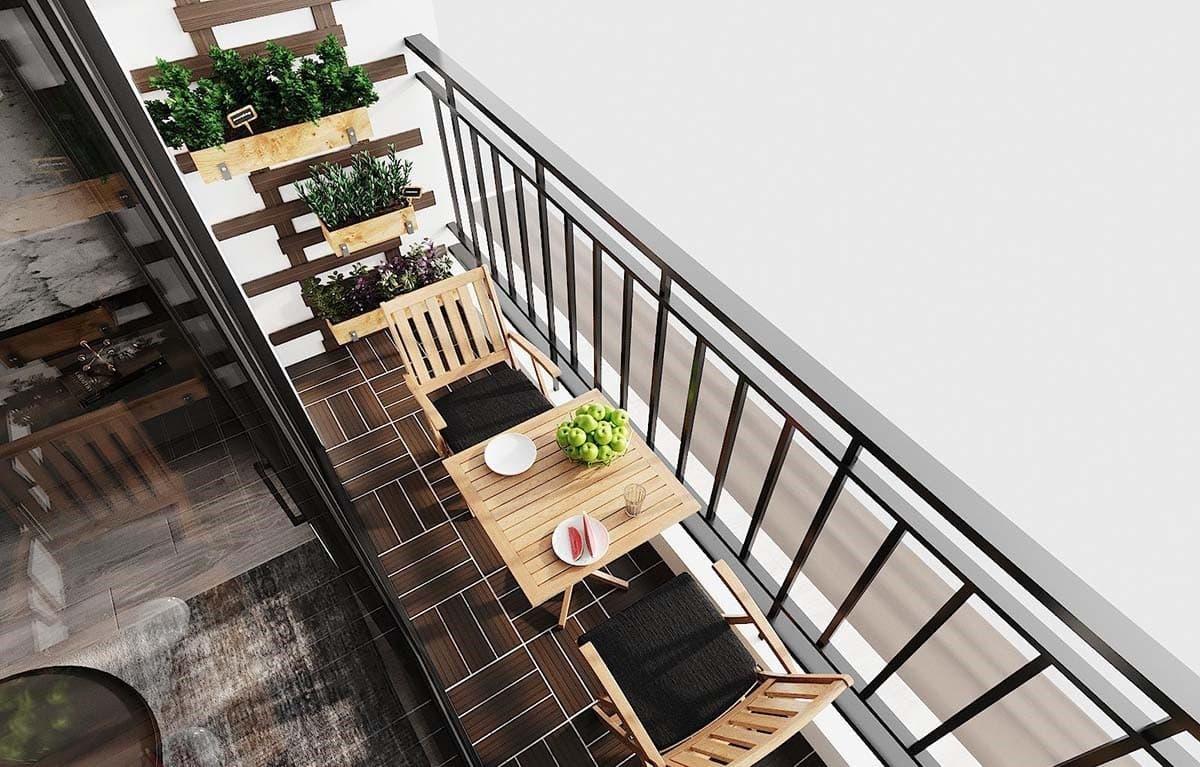 Bàn trà được đặt sát cạnh lan can để tận dụng tối đa diện tích cho ban công có diện tích nhỏ như căn hộ chung cư