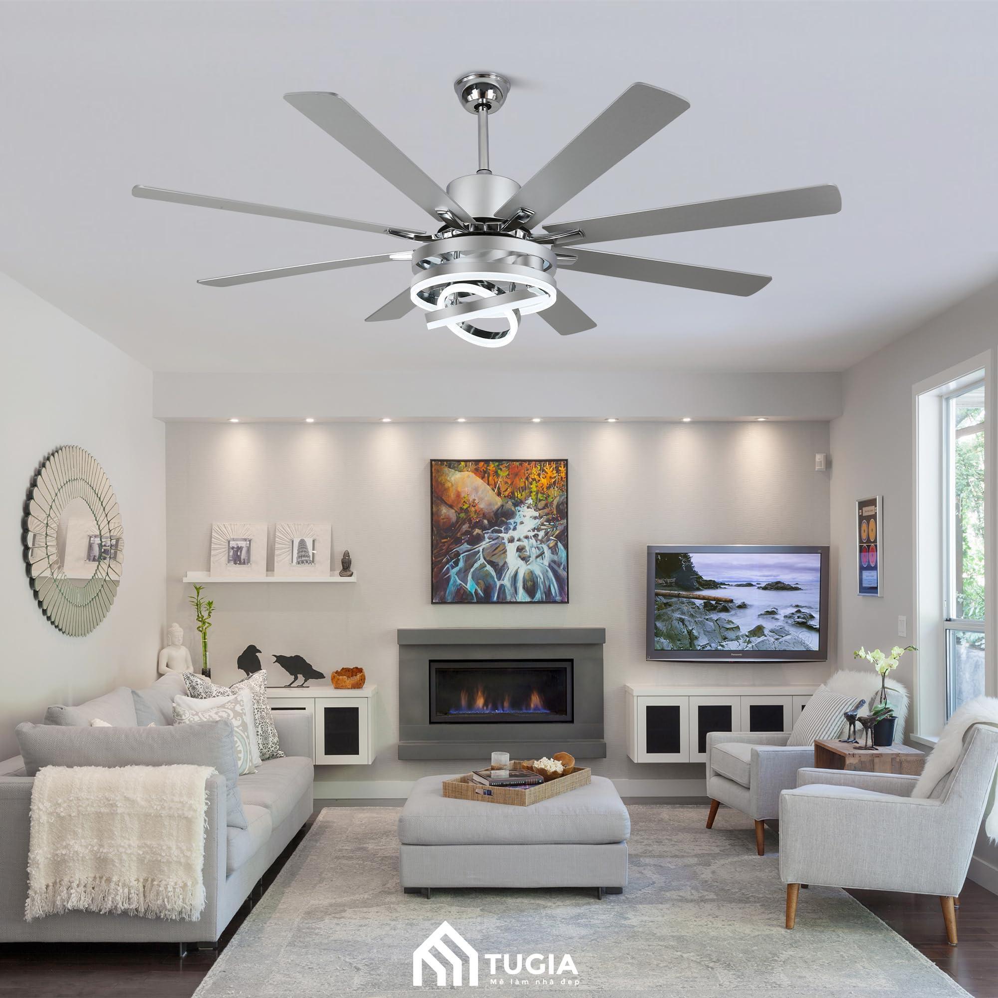 Quạt trần kết hợp đèn LED là giải pháp trang trí hiện đại cho phòng khách