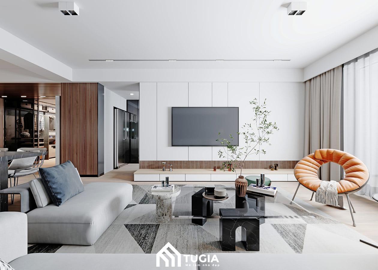 Kệ tivi treo tường giúp tiết kiệm diện tích và trang trí phòng khách gọn gàng
