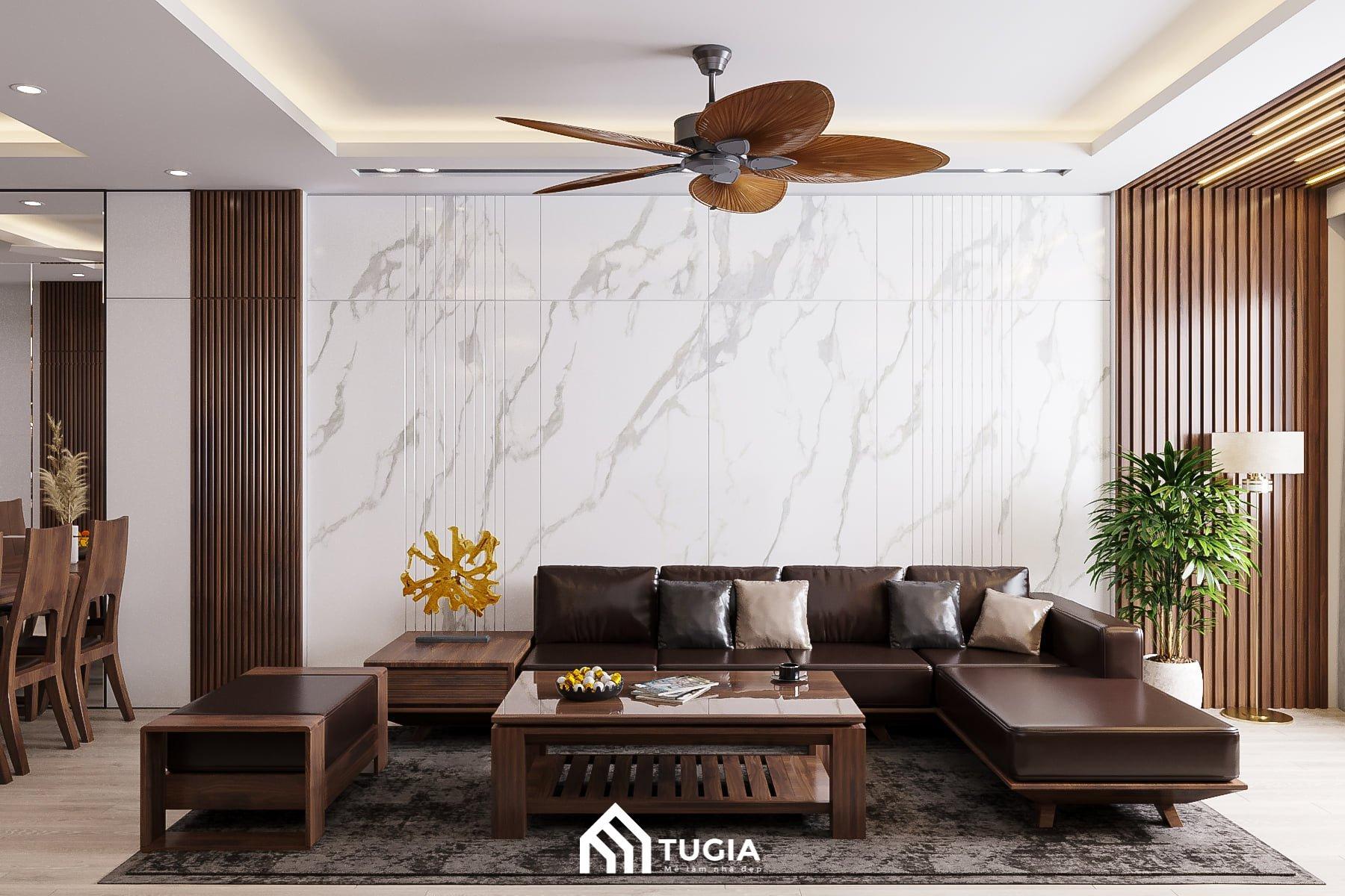 Mẫu trang trí nội thất phòng khách bằng gỗ tự nhiên sang trọng do Nội thất Tứ Gia thiết kế