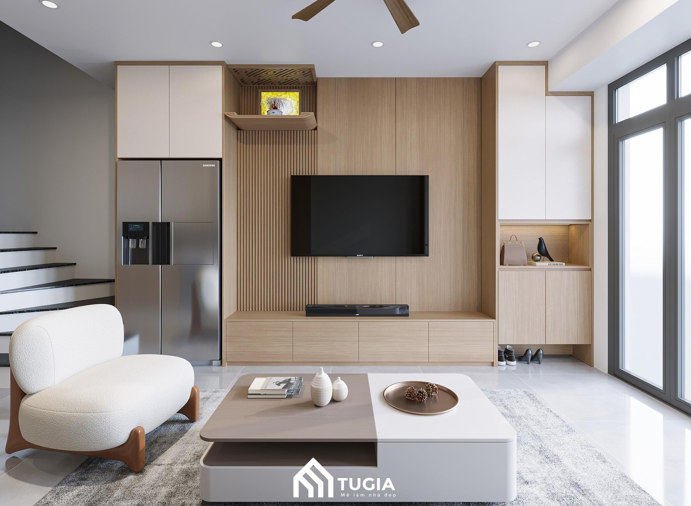 Các kiểu trang trí phòng khách có cầu thang phong cách Japandi của Nội thất Tứ Gia