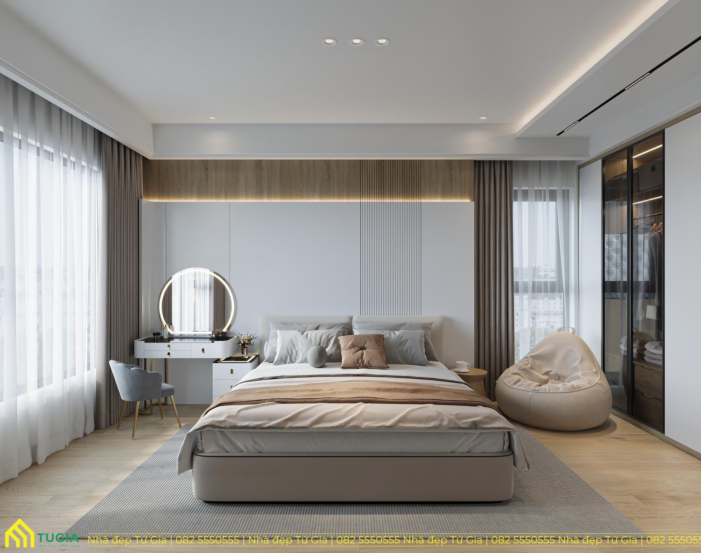 Bố trí phòng ngủ với bàn trang điểm trắng đơn giản kết hợp cùng gương tròn viền đèn LED, tạo điểm nhấn và tăng độ sáng