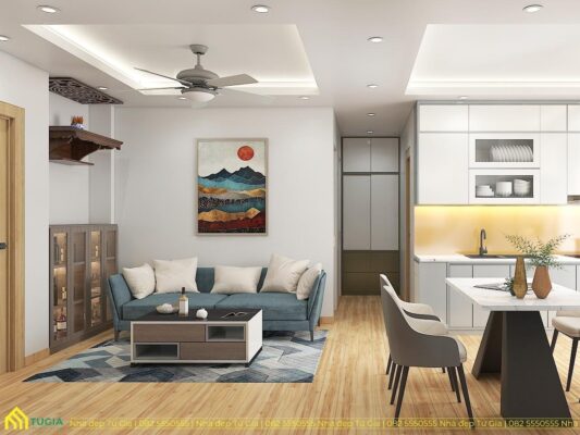 Không gian phòng khách và bếp liên thông giúp căn hộ nhận được nhiều ánh sáng tự nhiên