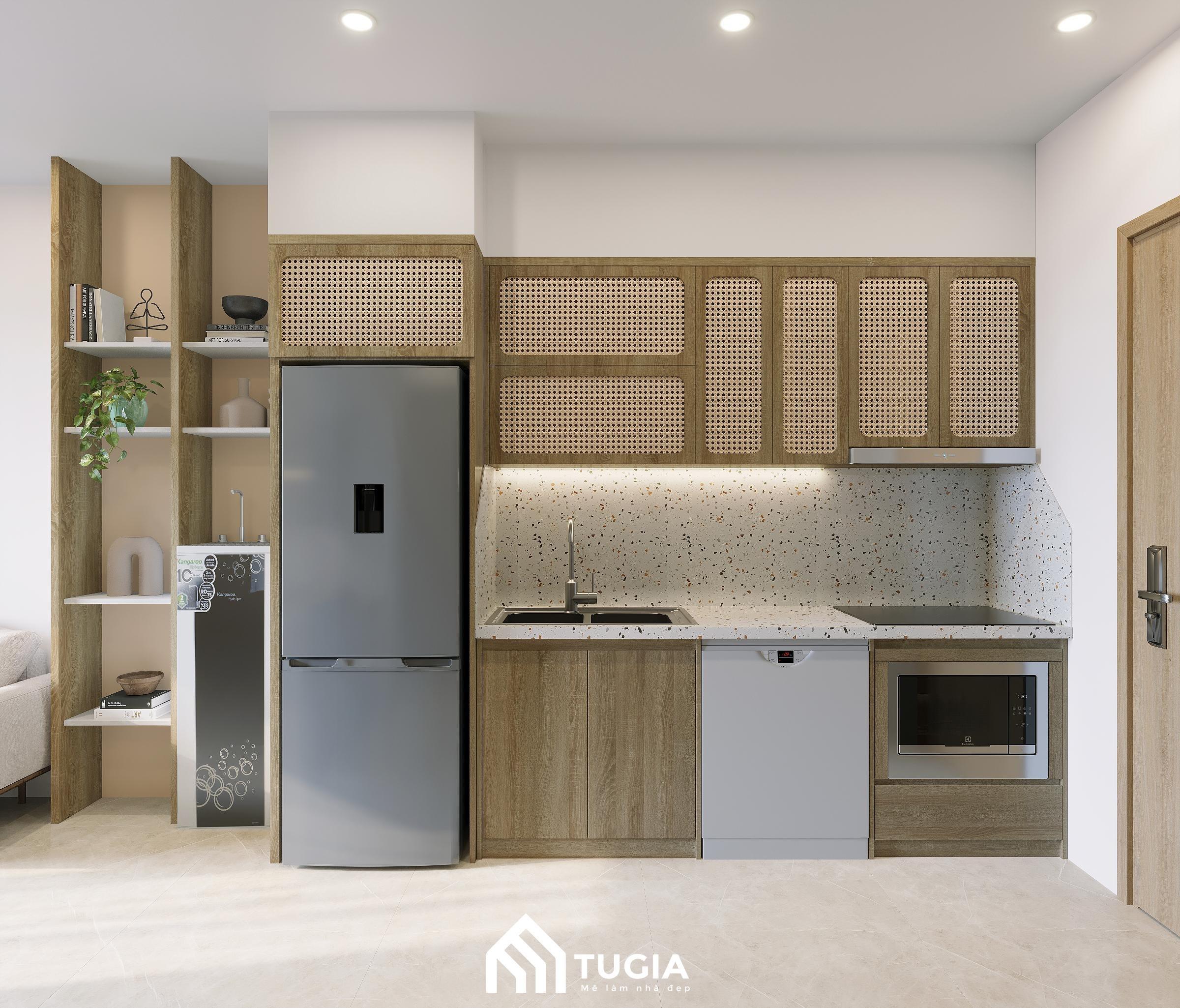 Tủ bếp làm từ gỗ nhẹ nhàng, trang nhã mang đến không gian bếp tươi mới
