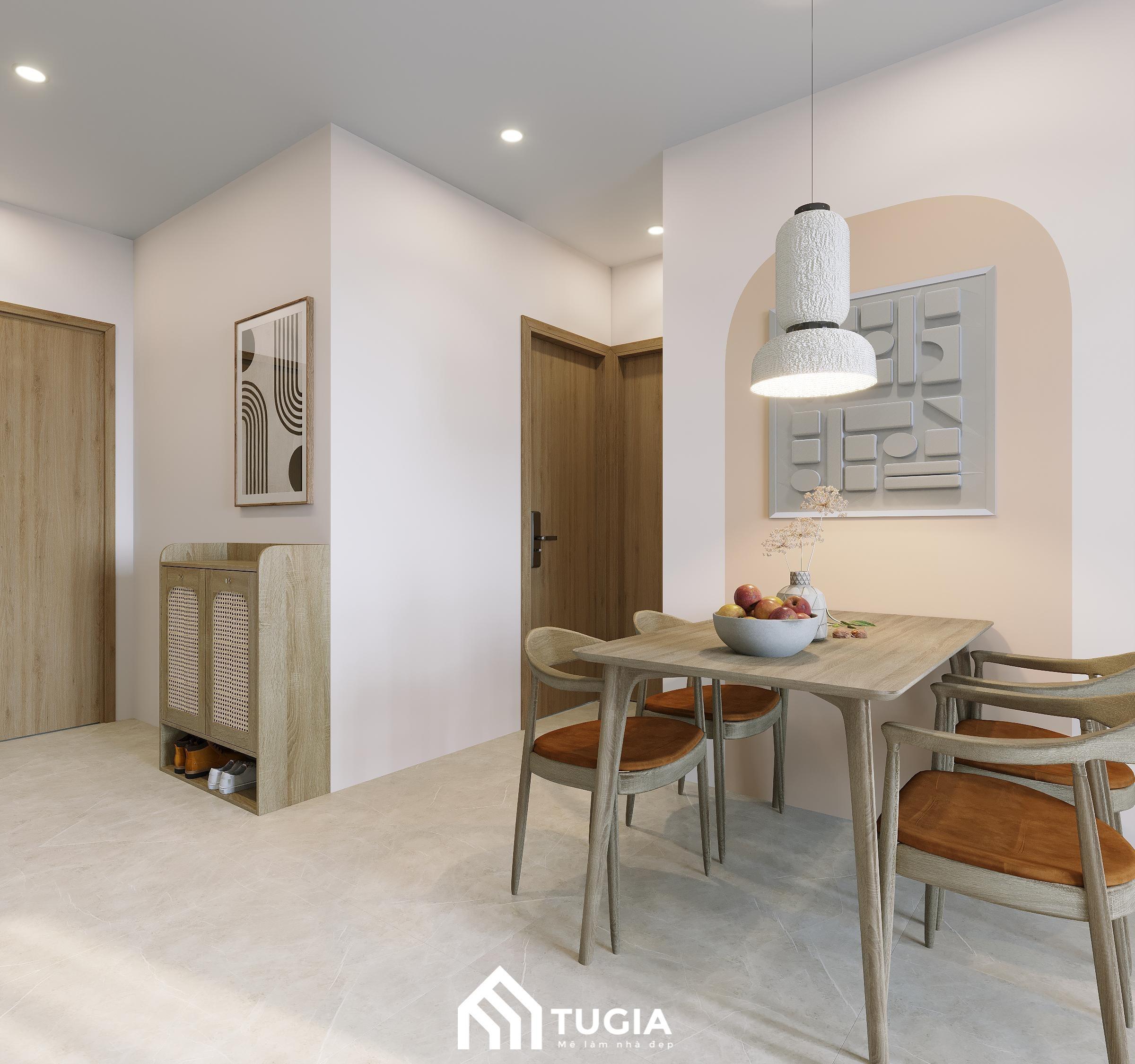 Bàn ăn nhỏ, phù hợp với 4 người đặt sát tường gần không gian phòng khách làm từ chất liệu gỗ hài hòa, thanh lịch và tinh tế