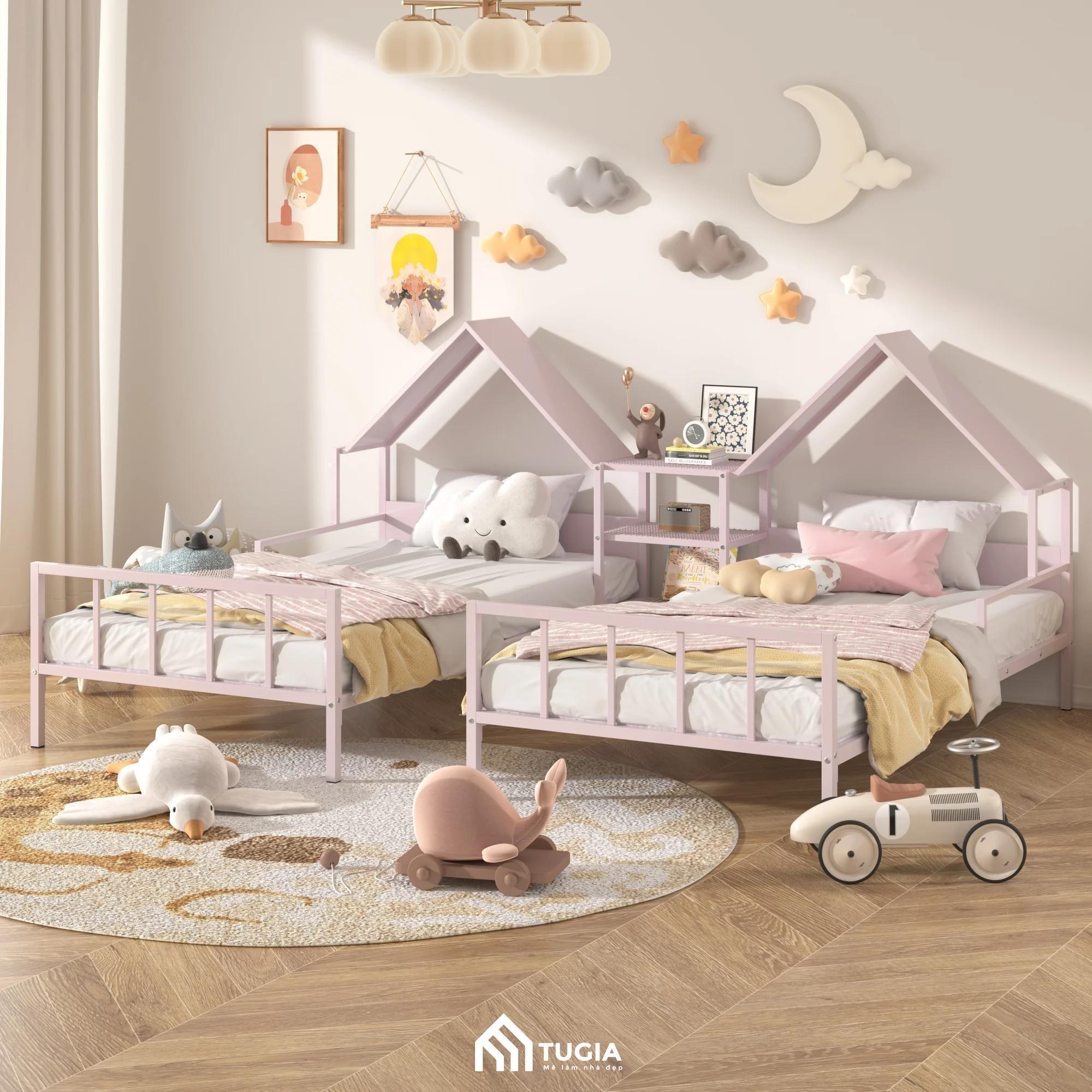 Mẫu thiết kế phòng ngủ 2 giường cho bé gái hiện đại
