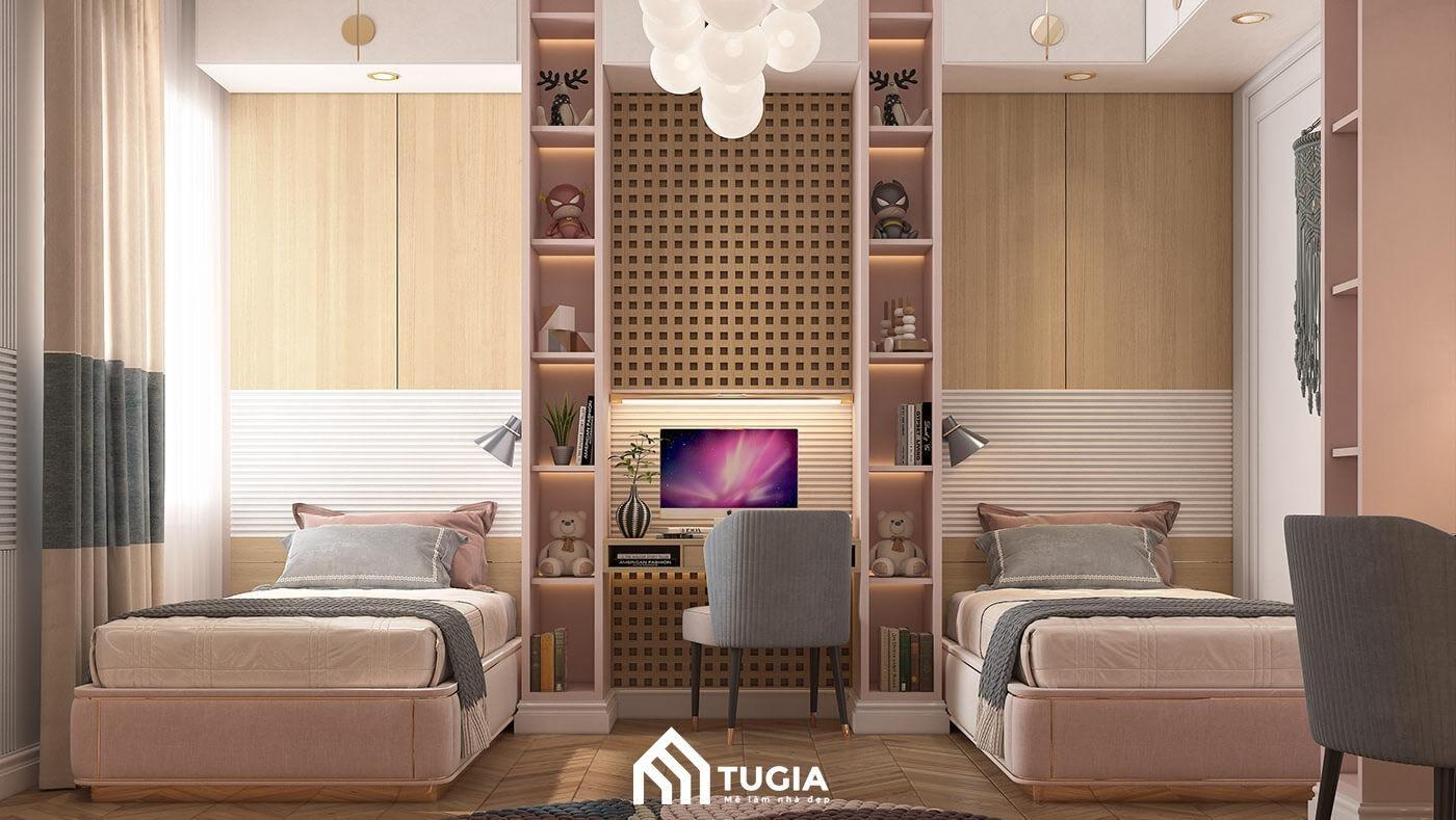 Mẫu phòng ngủ nhỏ với 2 giường đơn đẹp do Nội thất Tứ Gia thiết kế