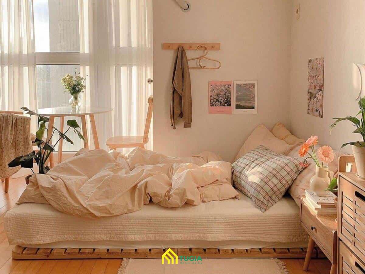 Decor phòng ngủ Hàn Quốc sử dụng nội thất bằng gỗ với gam màu tươi sáng