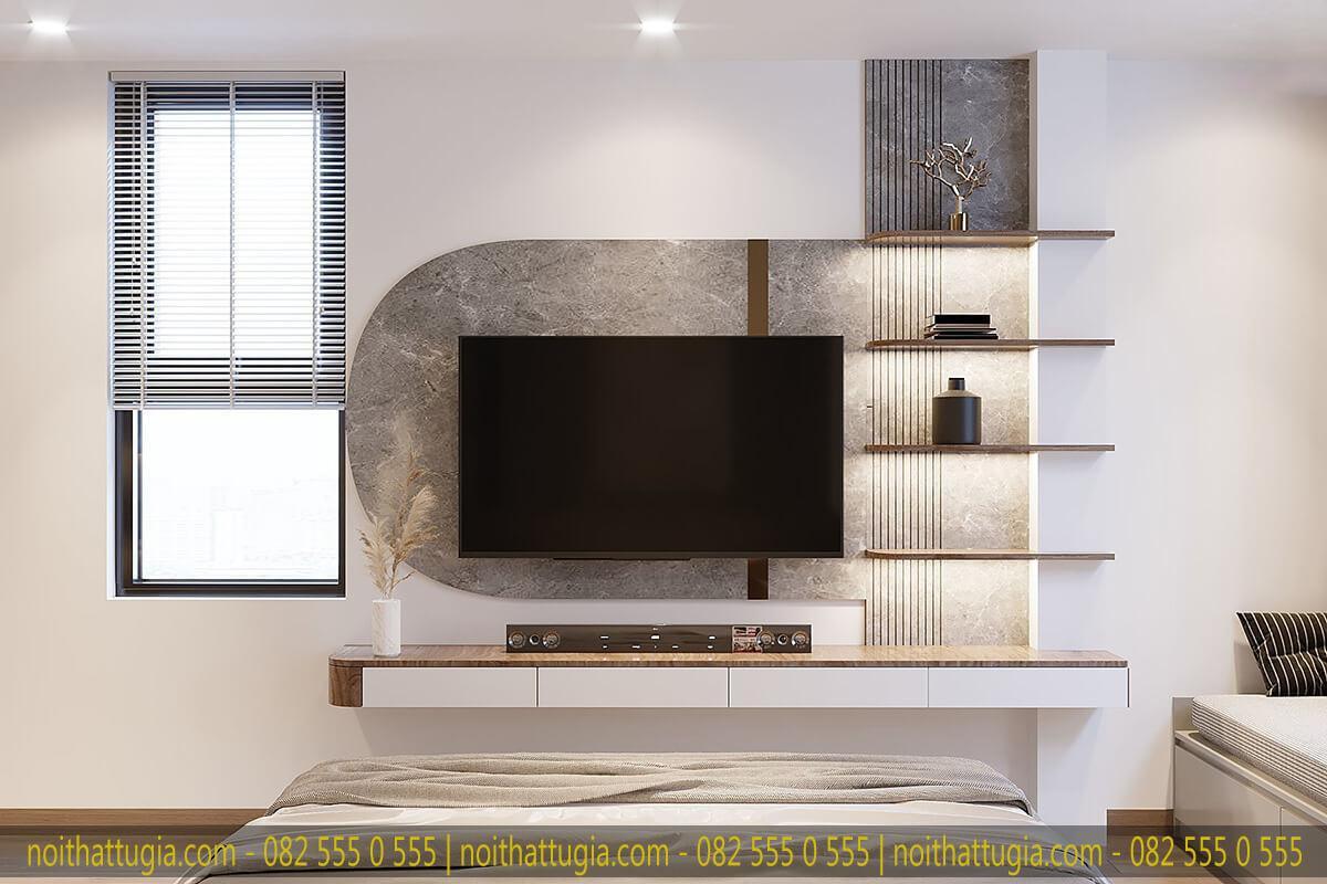 Không gian phòng ngủ master với view cửa sổ lớn kèm đồ nội thất hiện đại, sang trọng