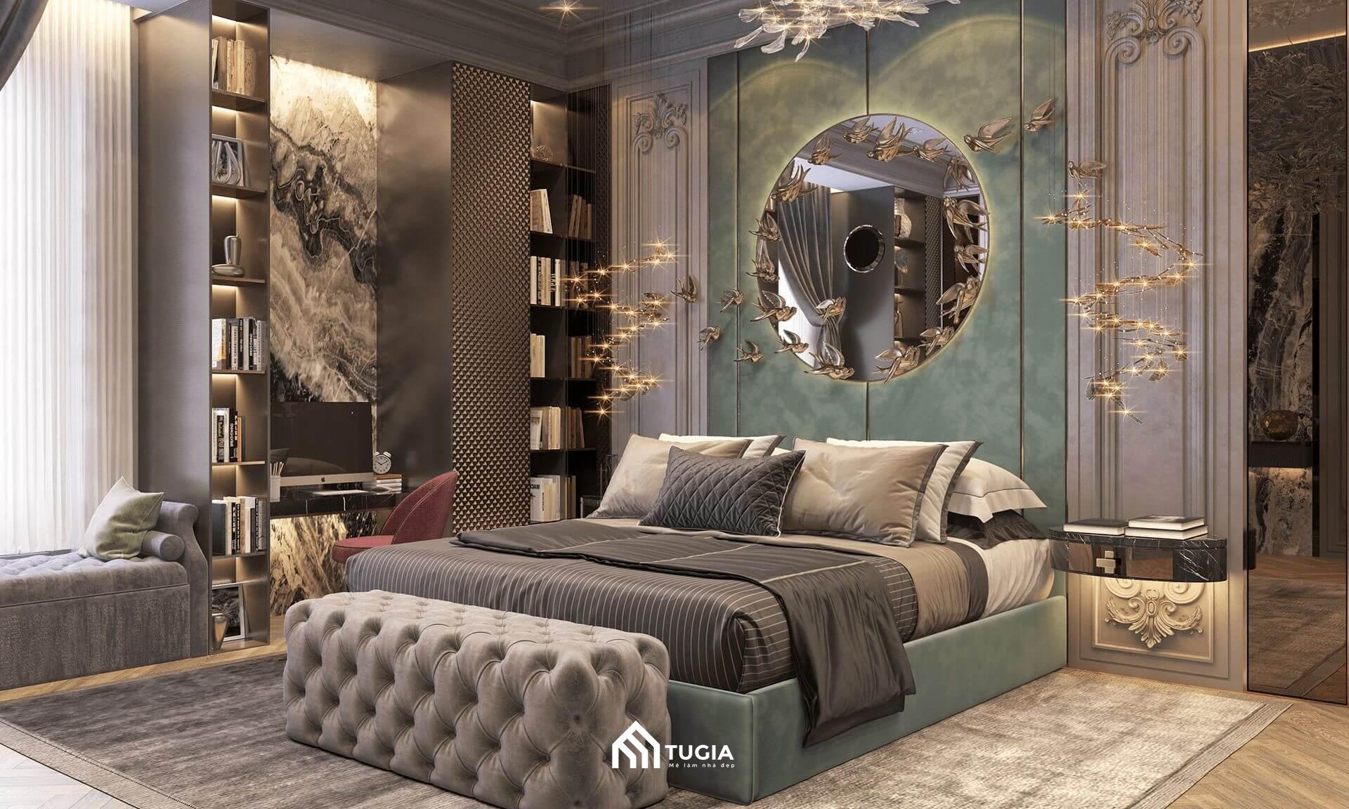 Thiết kế nội thất phòng ngủ Master phong cách cổ điển với chất liệu gỗ tự nhiên và hoa văn uốn lượn