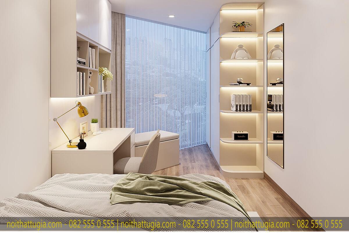 Không gian phòng ngủ master được thiết kế theo phong cách hiện đại với view cửa kính sang trọng