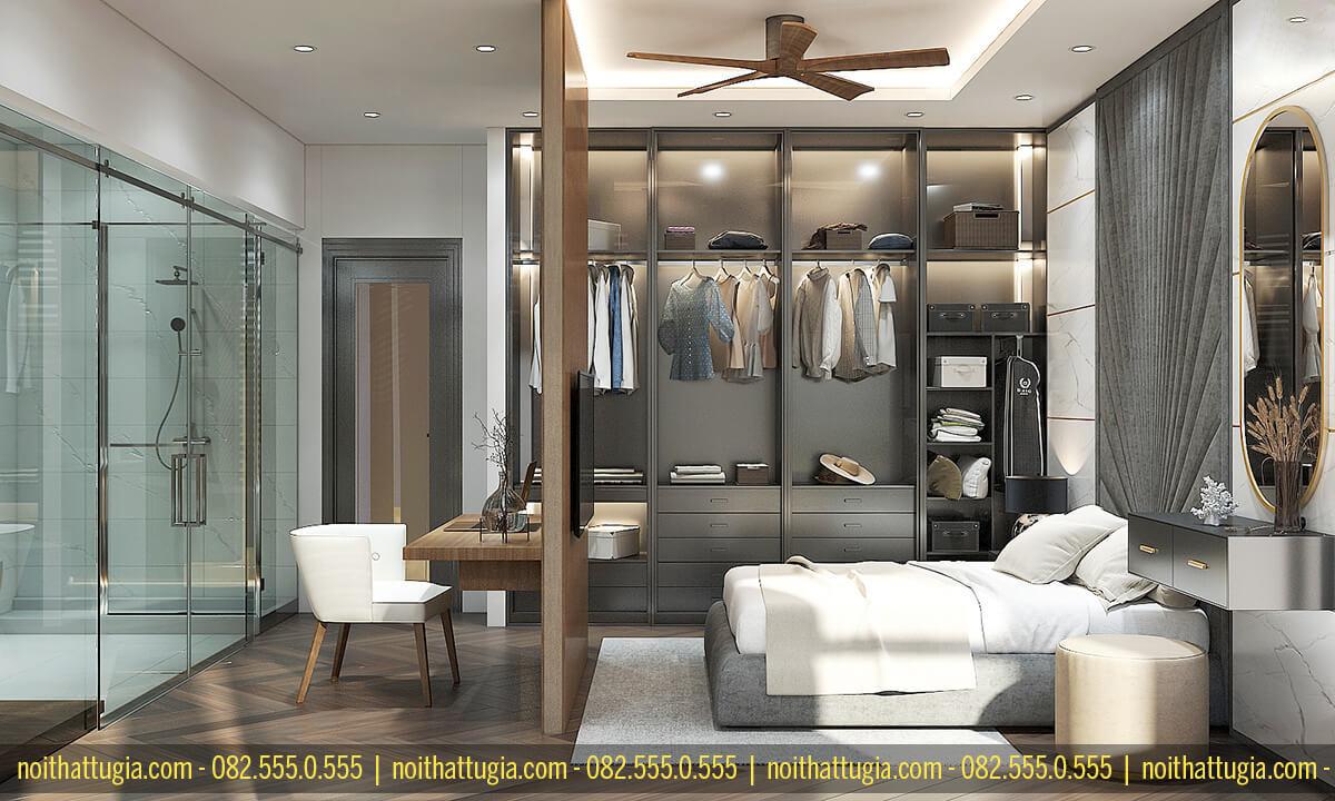 Tủ quần áo kết hợp cánh kính trong phòng ngủ master mang lại vẻ ngoài thẩm mỹ, sang trọng
