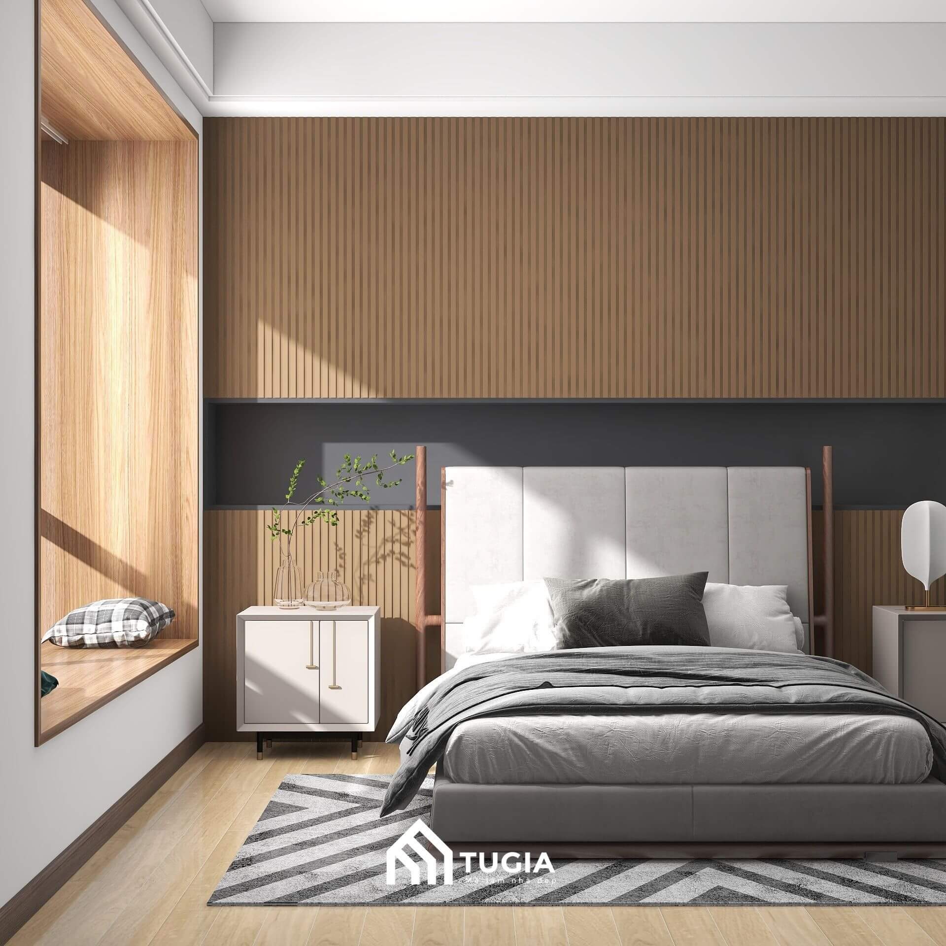 Ánh nắng tràn ngập căn phòng ngủ từ ô cửa sổ lớn