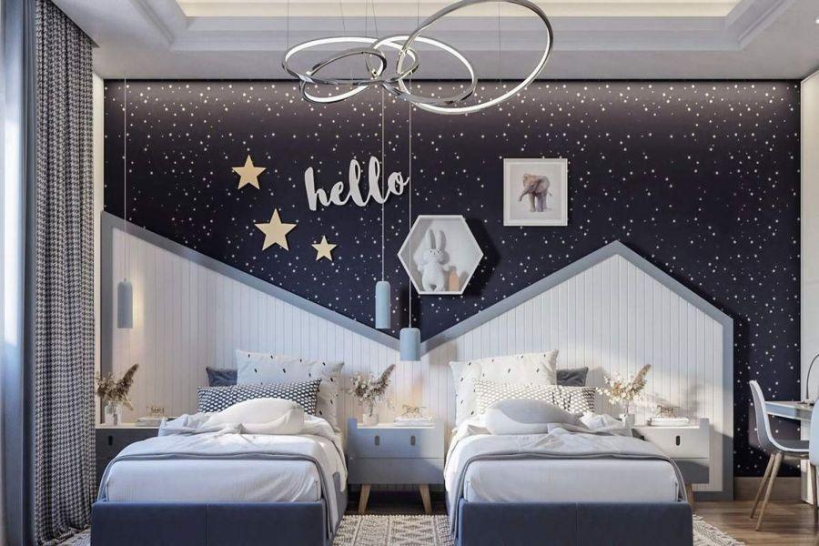 Nội thất Tứ Gia thiết kế nội thất phòng ngủ tone màu dịu nhẹ và ấm áp cho 2 bé vẫn đảm bảo tính thẩm mỹ và sự riêng tư cho các bé