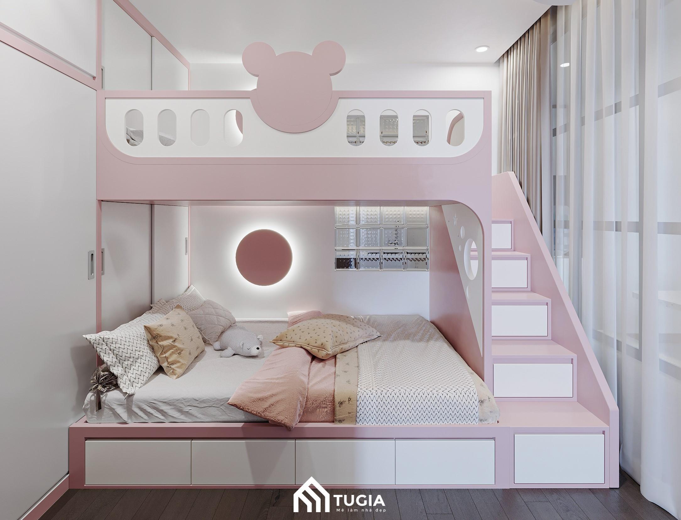 Thiết kế phòng ngủ cho 3 bé với giường tầng thông minh tông màu hồng giúp đáp ứng đầy đủ công năng sử dụng cho bé