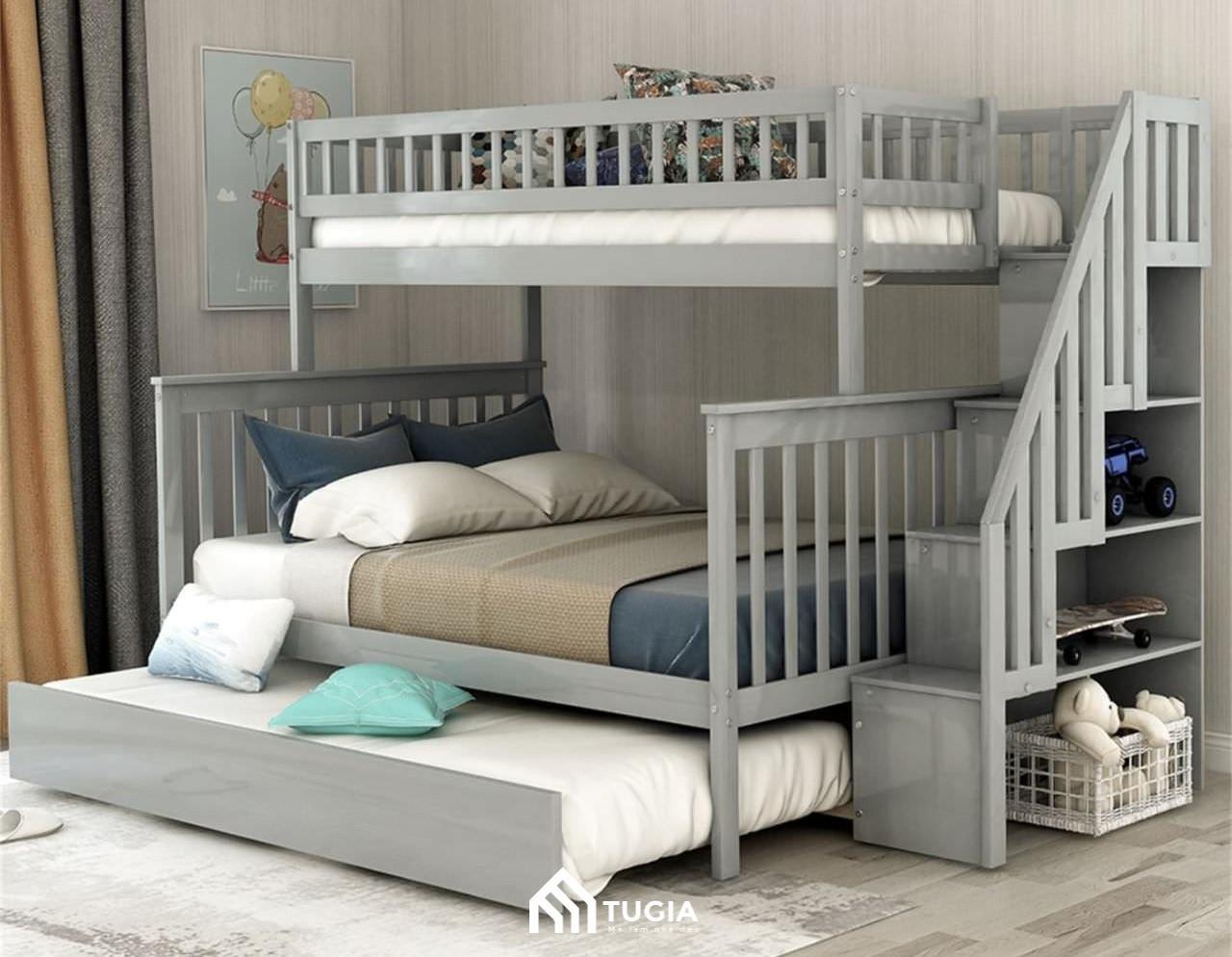 Bố trí giường tầng thông minh cho 3 bé giúp các bé có thêm không gian sinh hoạt