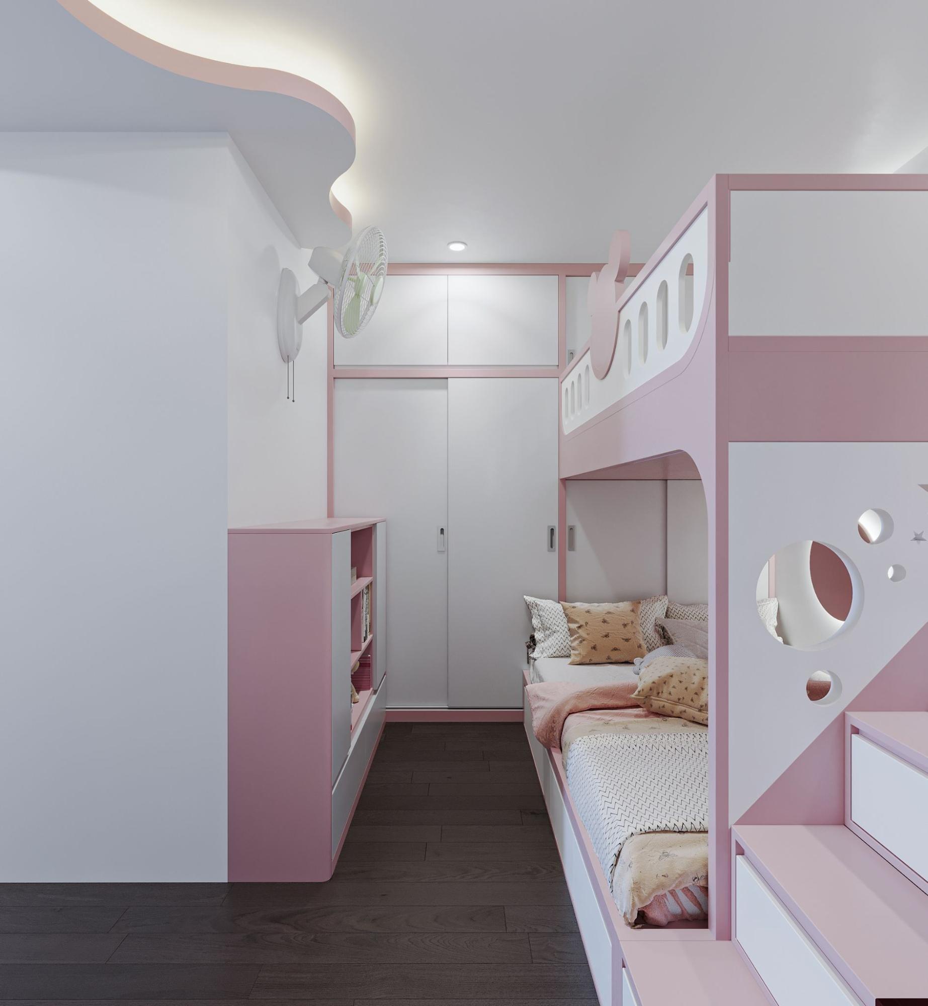 Phòng ngủ cho bé nổi bật với tông màu hồng pastel làm chủ đạo theo sở thích của bé
