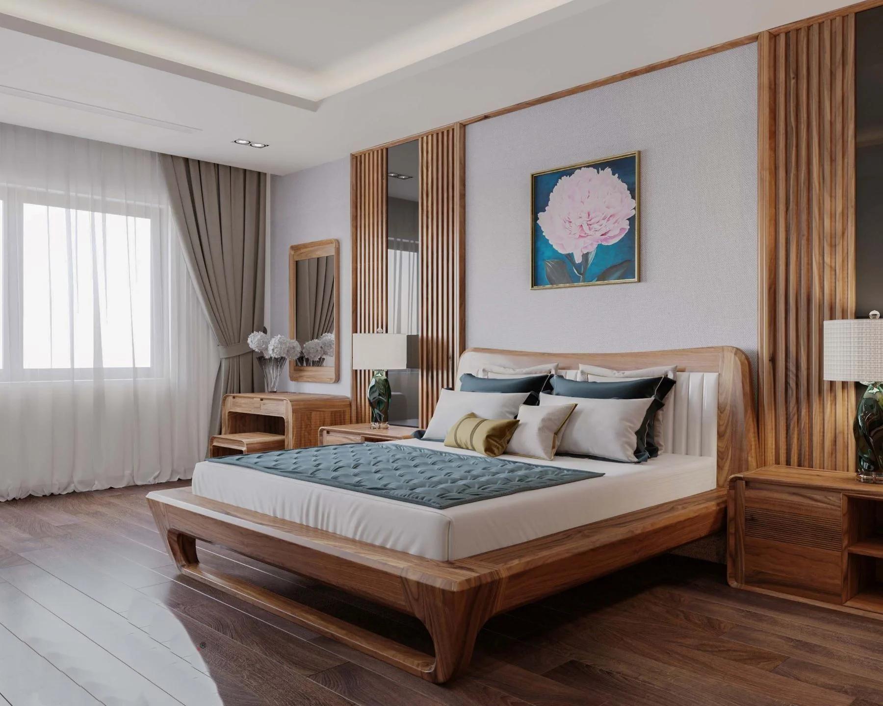 Thi công nội thất phòng ngủ bằng gỗ tự nhiên sang trọng Nội thất Tứ Gia