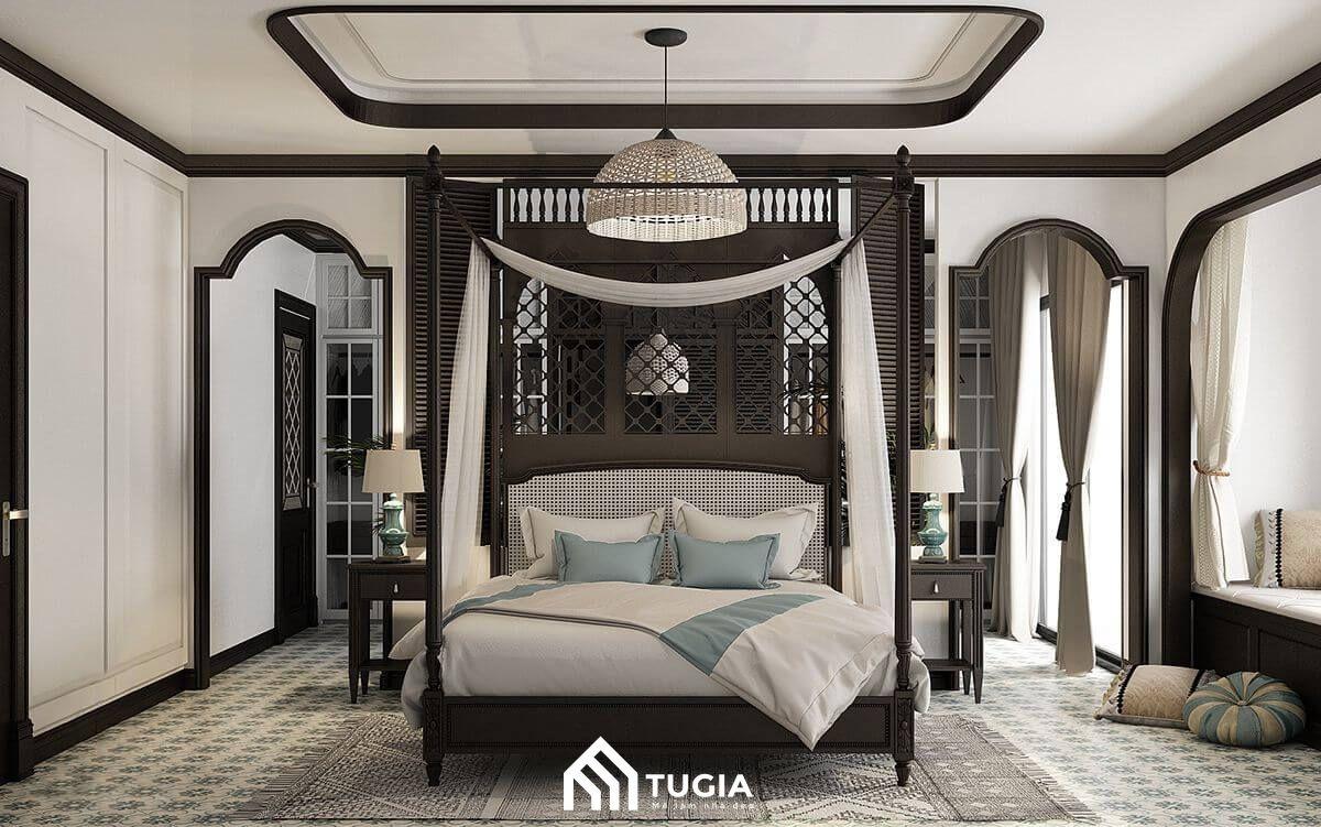 Thiết kế nội thất phòng ngủ 25m2 phong cách Indochine