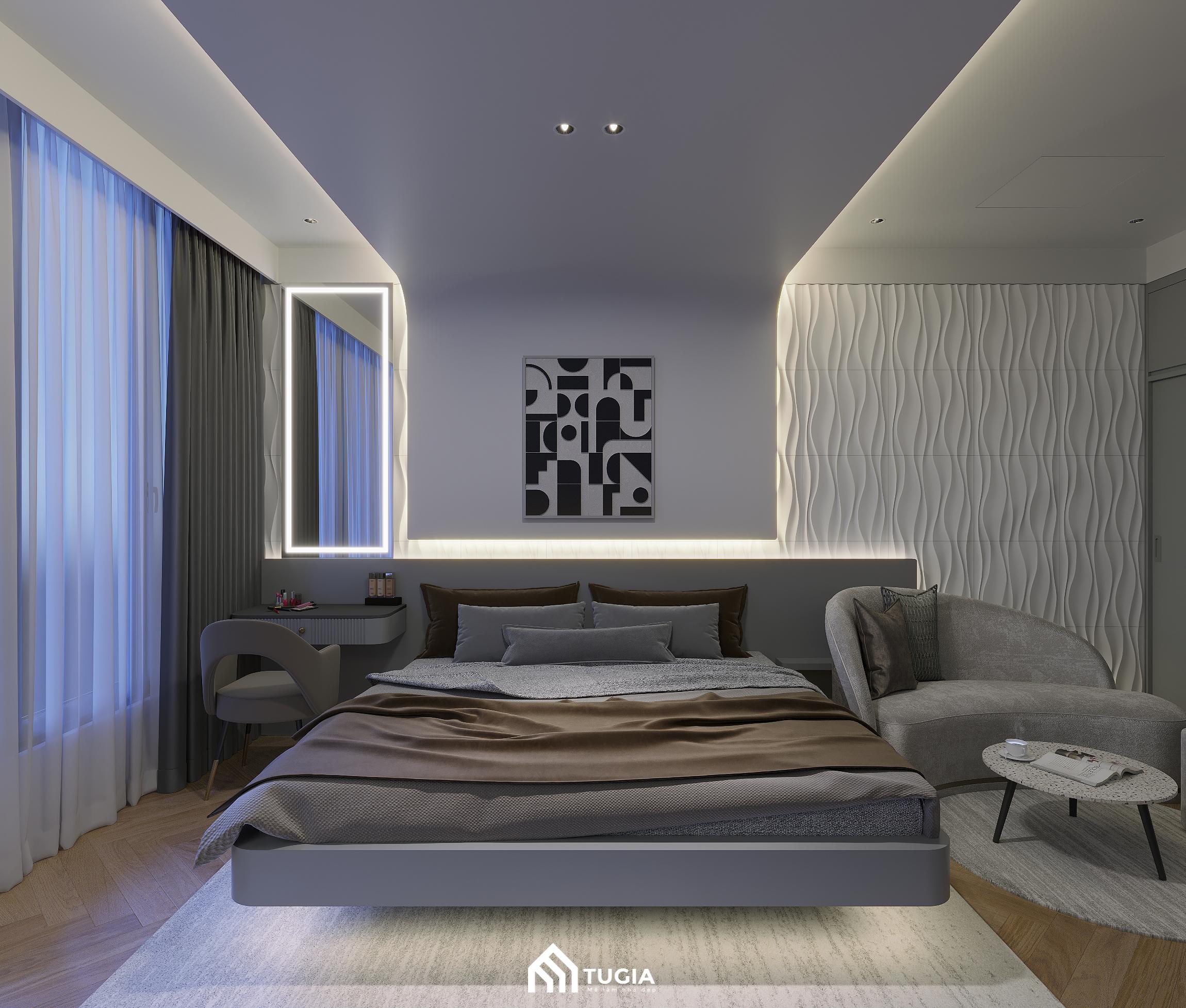 Tường đầu giường phòng ngủ kết hợp giữa chất vải nỉ và tranh treo tường theo bộ
