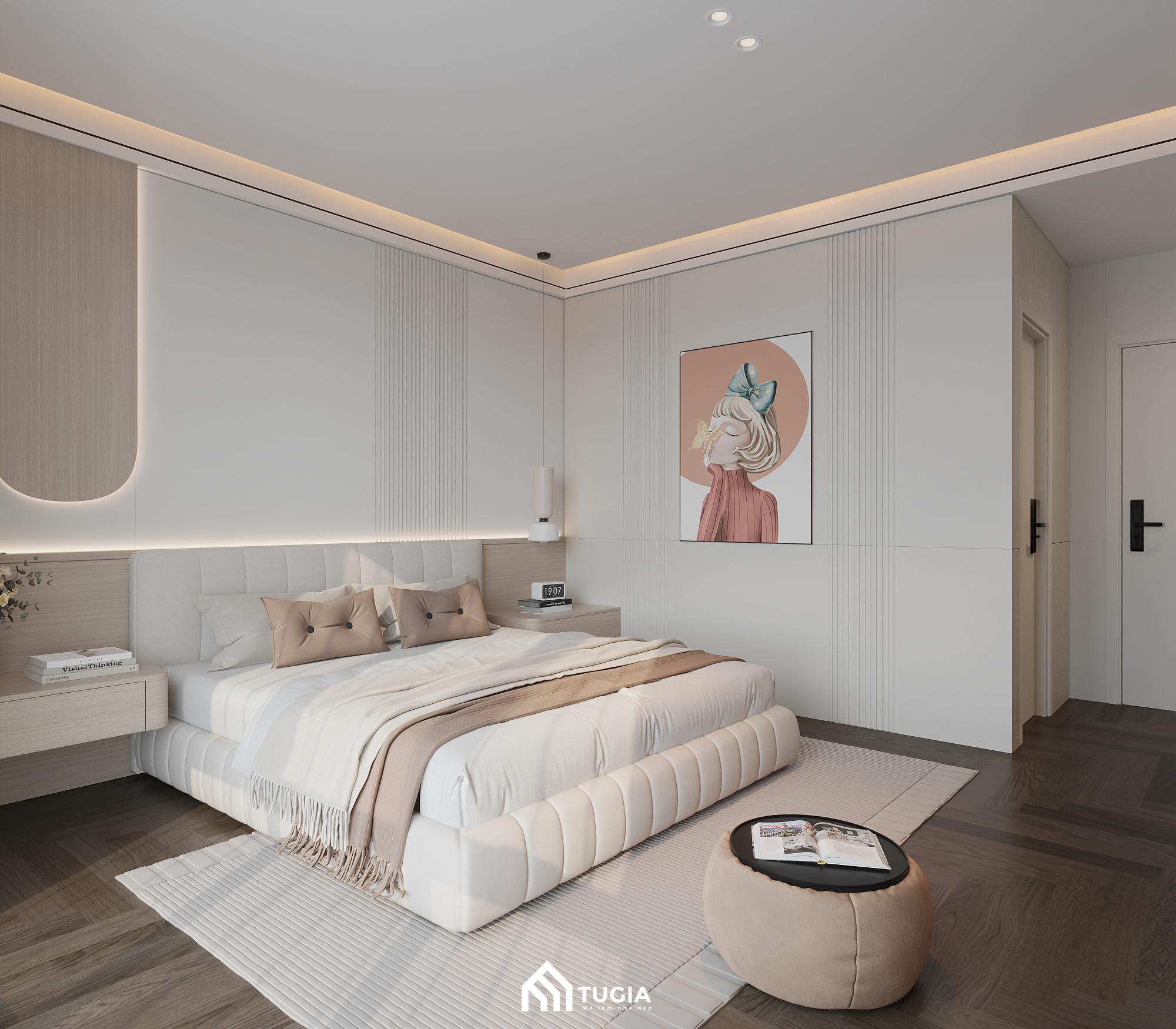 Sử dụng những chi tiết đơn giản kết hợp với hệ thống đèn led cũng rất ấn tượng cho tường đầu giường phòng ngủ