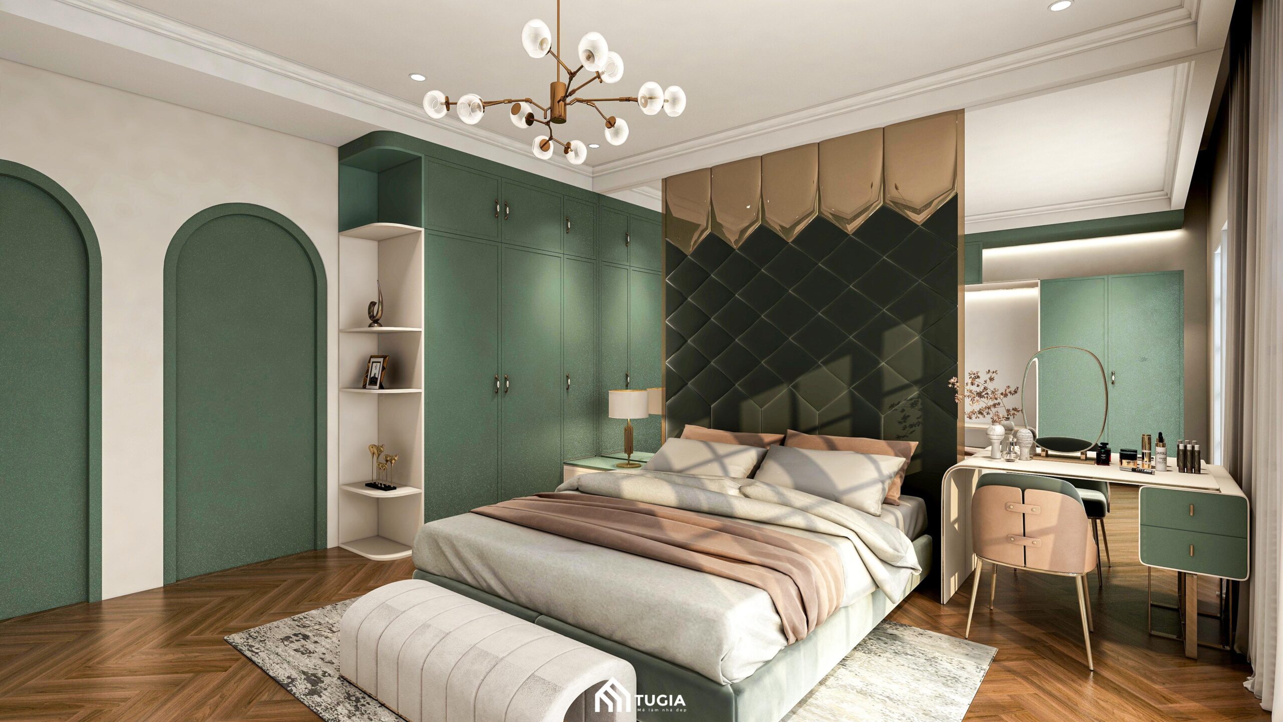Vách ốp tường đầu giường với chất liệu nỉ kết hợp đường đồng trang trí