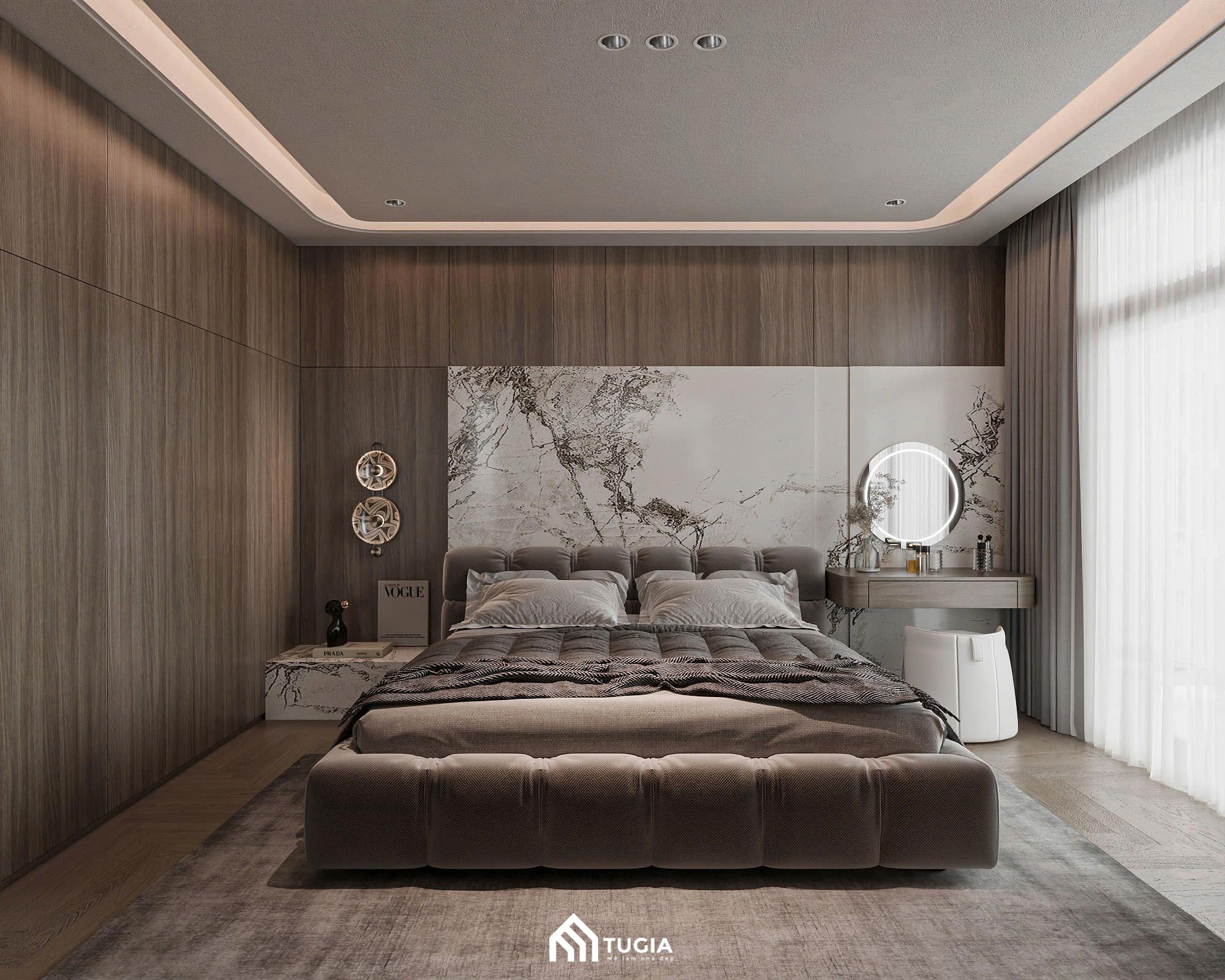 Trang trí đầu giường phòng ngủ Master với vách ốp gỗ kết hợp với vách giả đá sang trọng